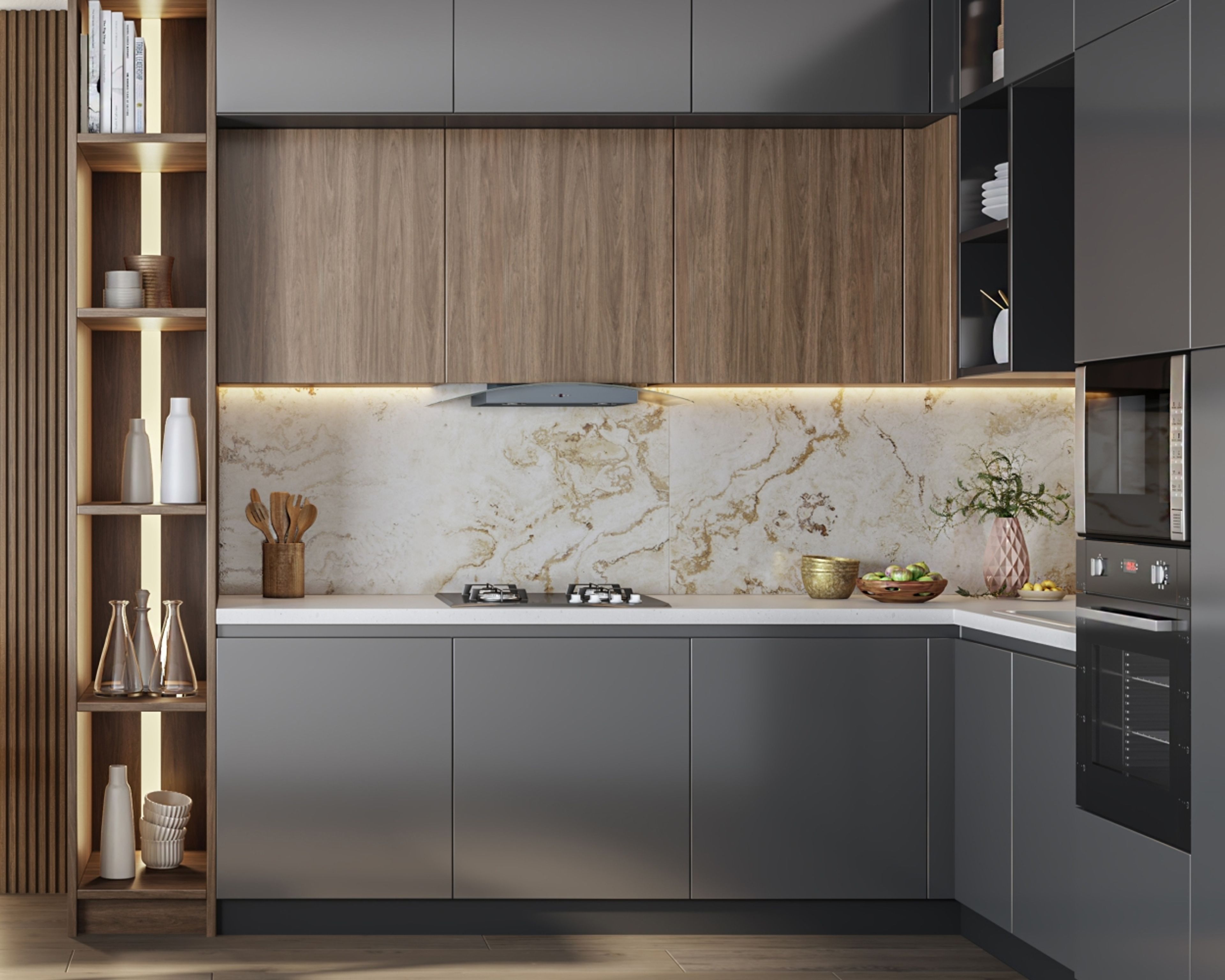 Modern White And Brown Marble Kitchen Tile Design