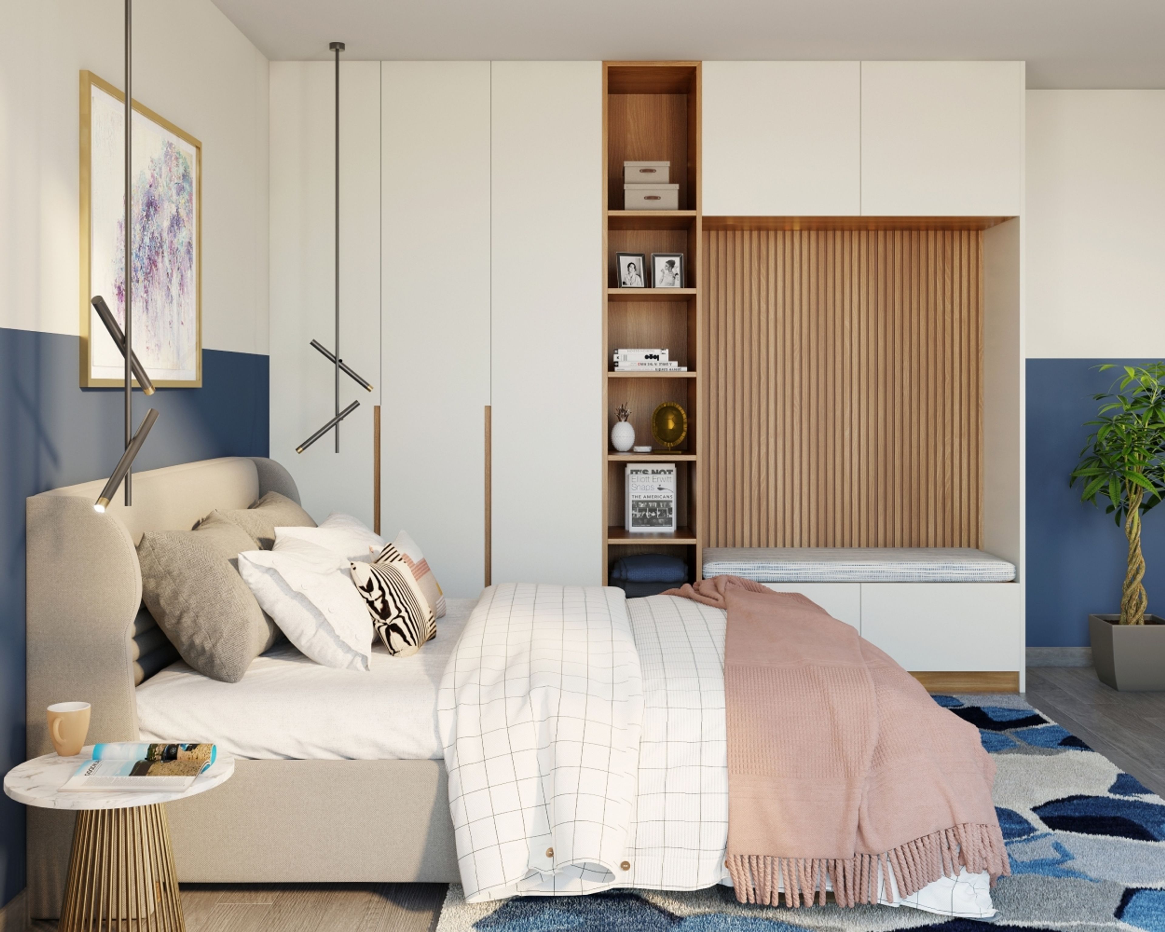 Contemporary White And Wood 3-Door Swing Wardrobe Design With Integrated Seating