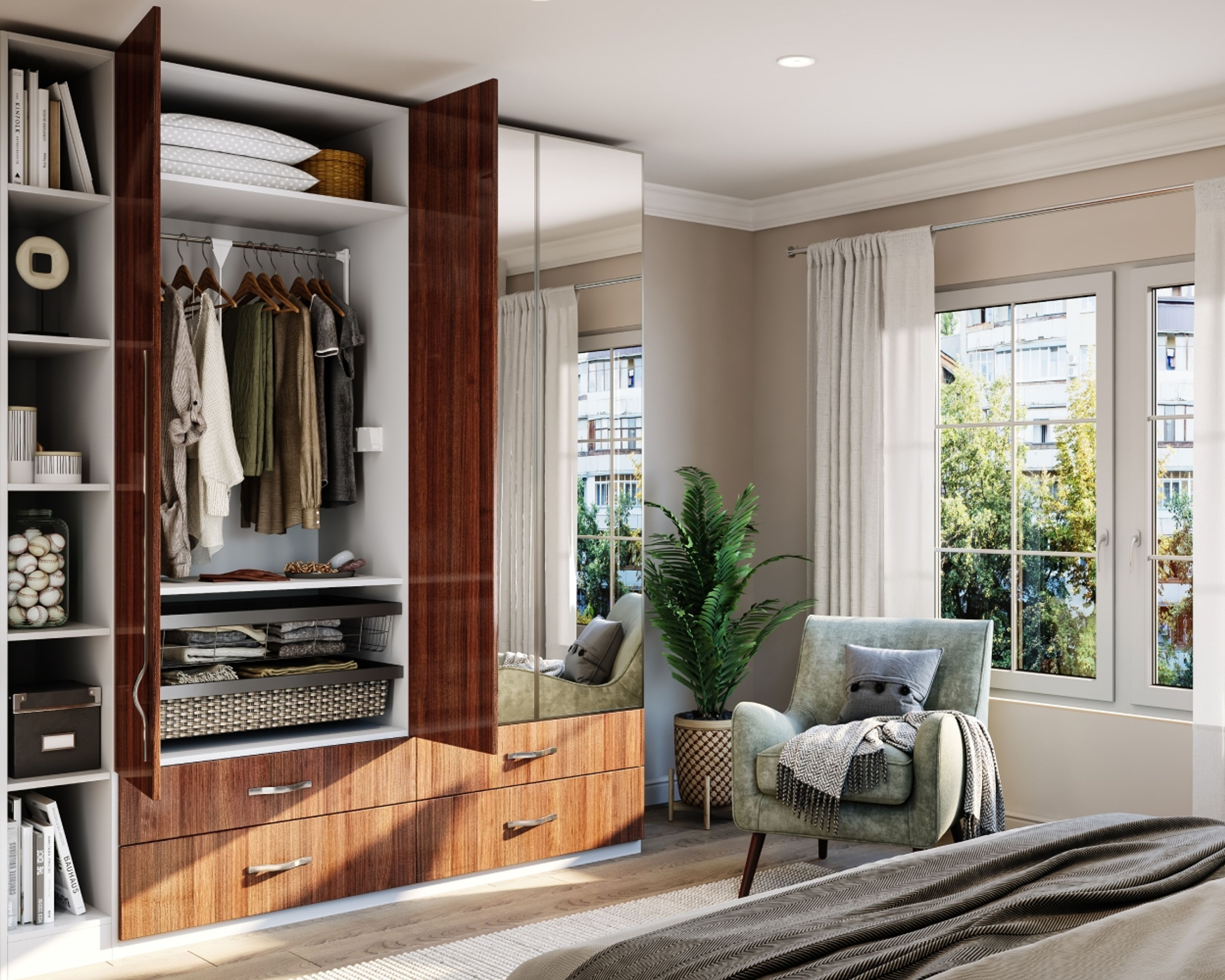 Modern Wooden 4-Door Swing Wardrobe Design With Mirrors And Drawer Storage