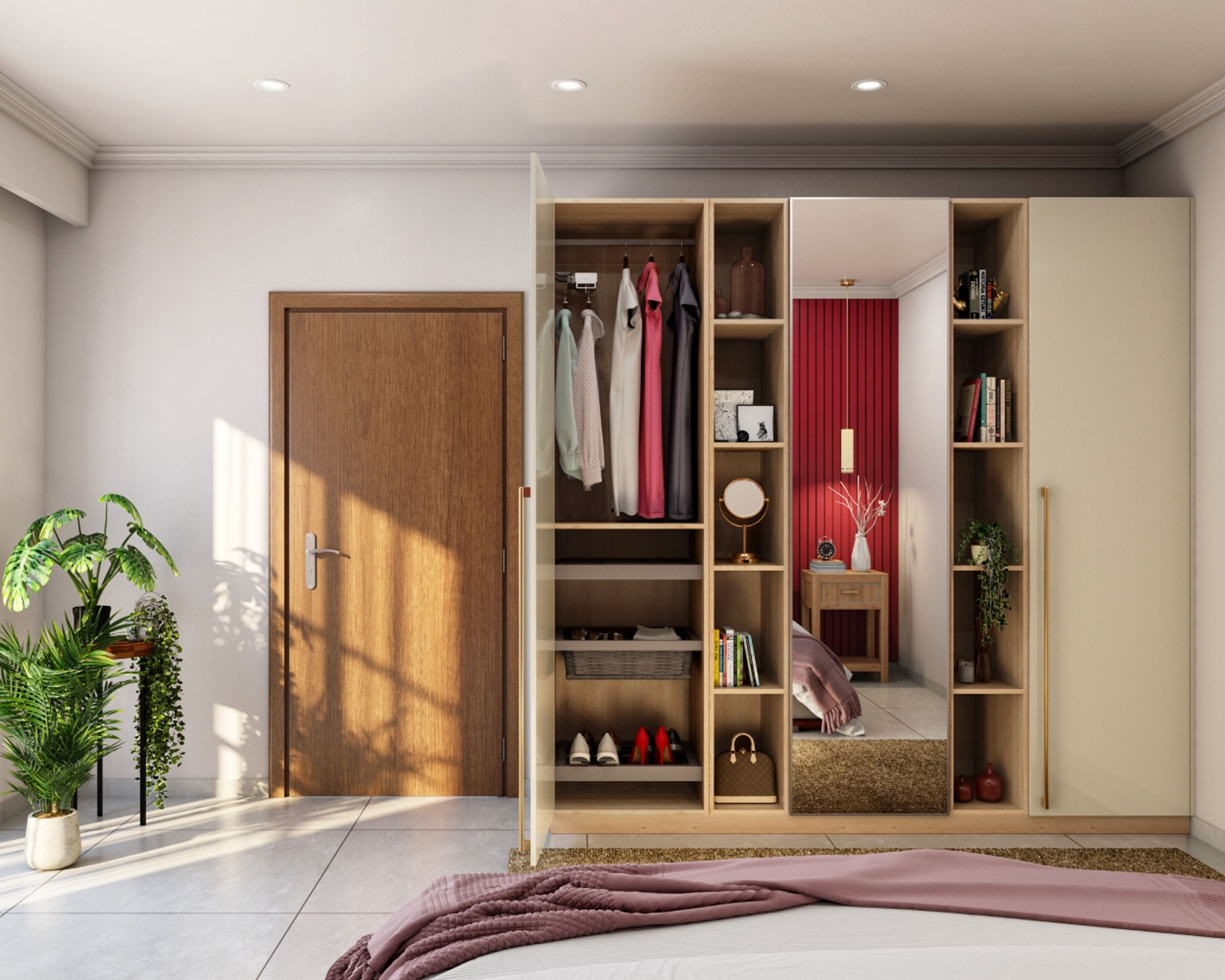 Modern 3-Door Champagne-Toned And Wooden Swing Wardrobe With Brass Handles