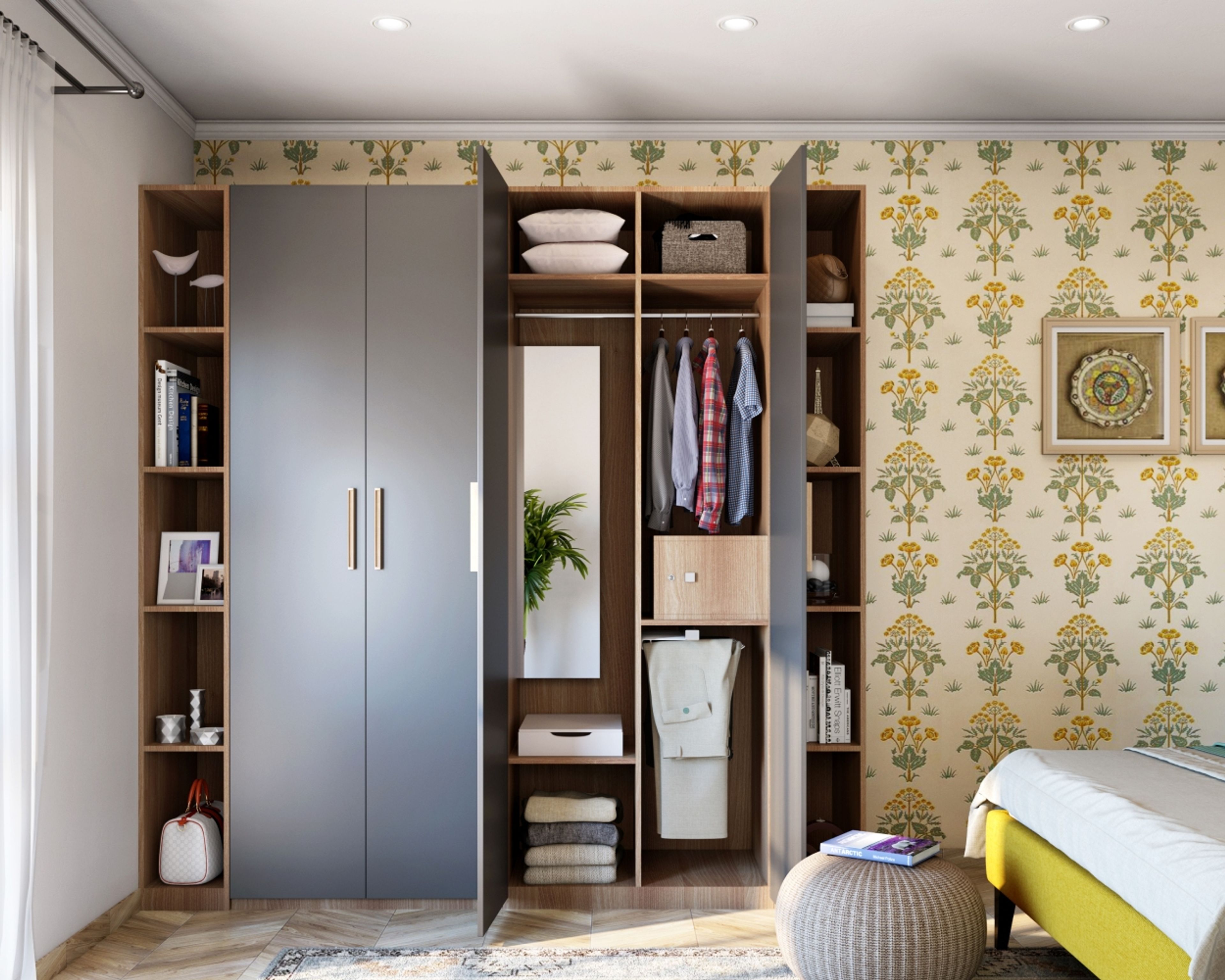 Modern Grey And Wood 4-Door Swing Wardrobe Design With Mirror