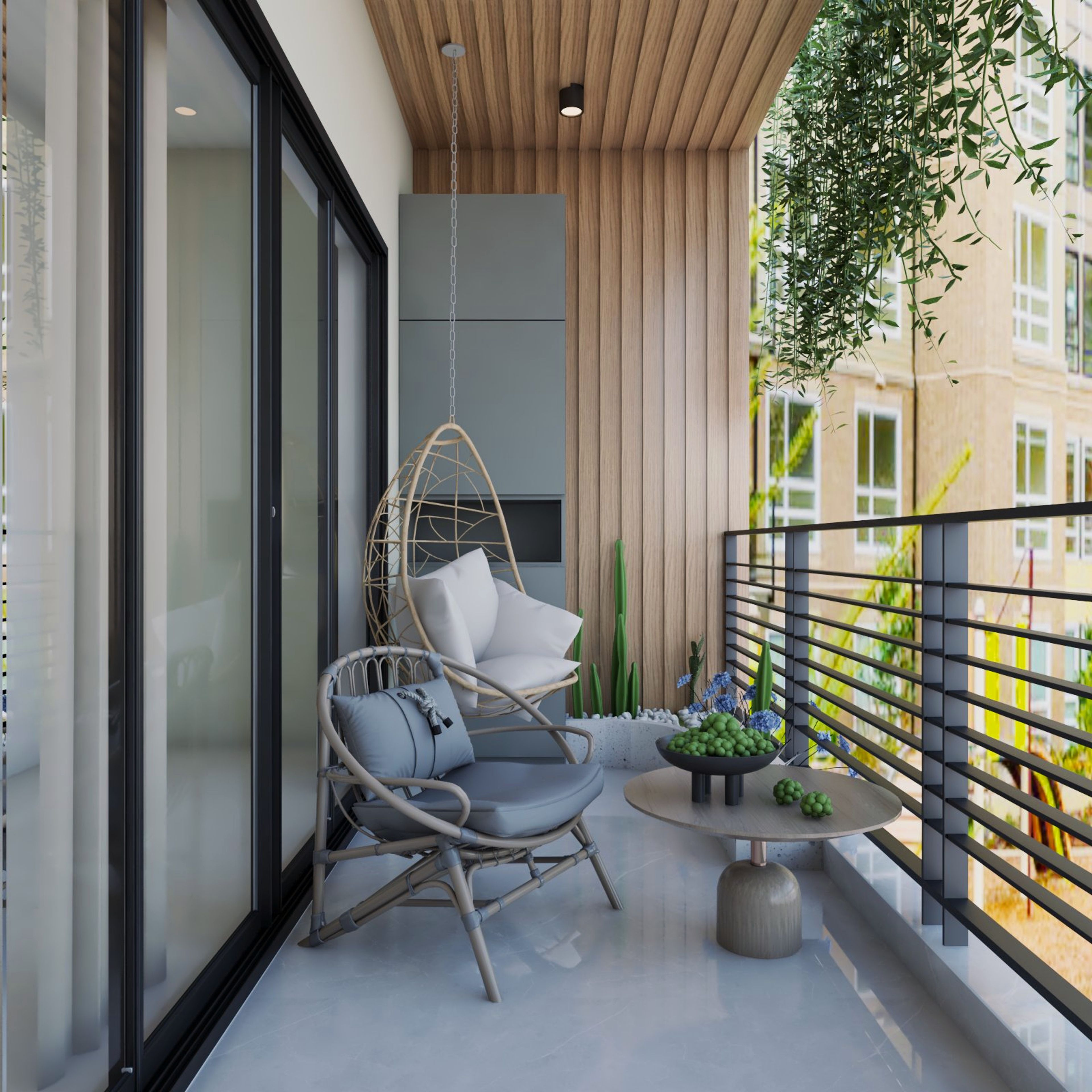 Compact Balcony Design With Glossy Flooring, Grey Storage Unit, Hanging Nest Swing, Grey Accent Chair And Wooden Wall-Ceiling Panelling - Livspace