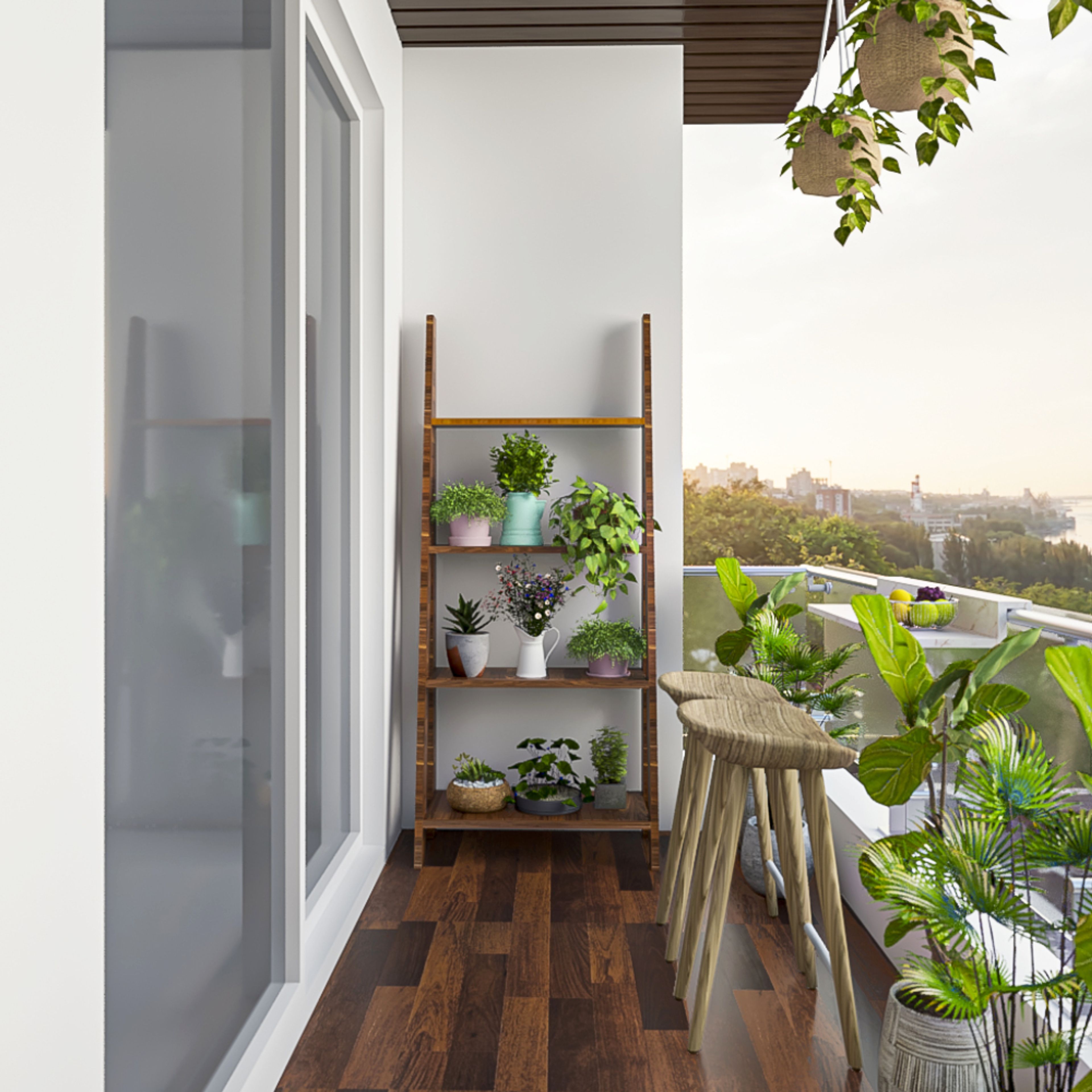 Small Balcony Design With Stepped Wooden Storage And Balcony Railing Mounted Table With High Chairs - Livspace