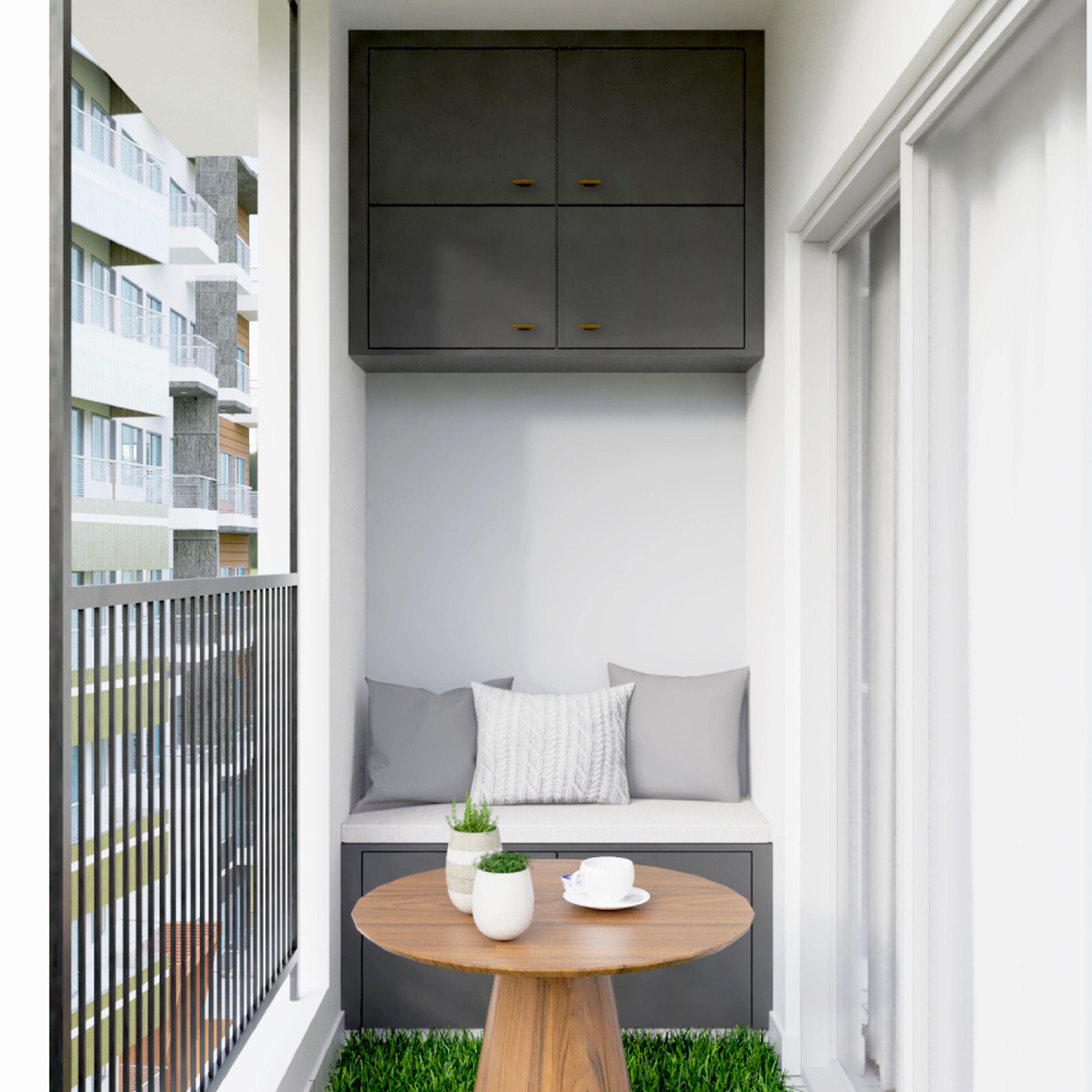 Balcony Design With Grey And White Seater, Overhead Storage Unit And Round Coffee Table - Livspace