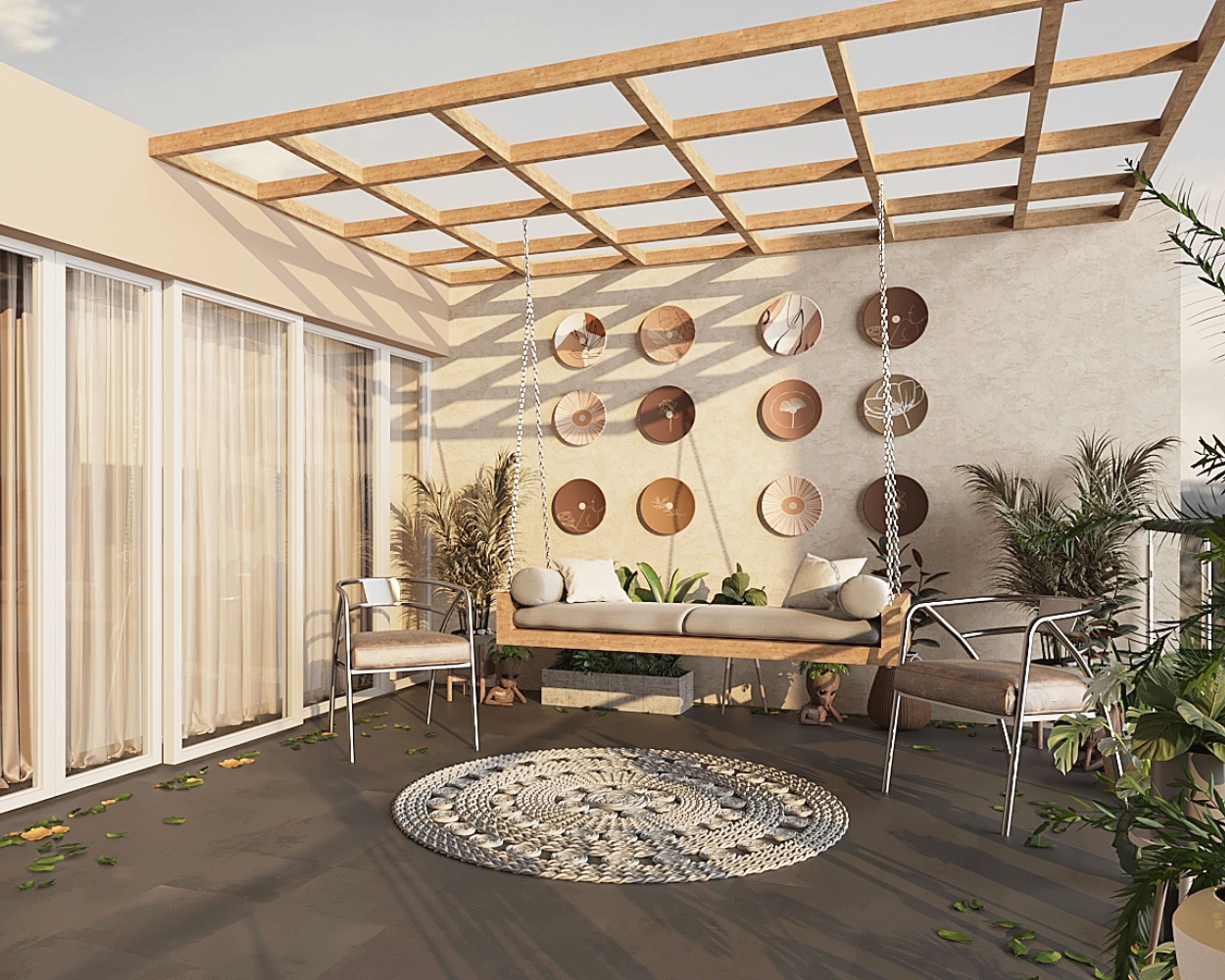 Beige Balcony Design With Wooden Pergola, Textured Wall With Wall Art, Wooden Swing And Accent Chairs - Livspace