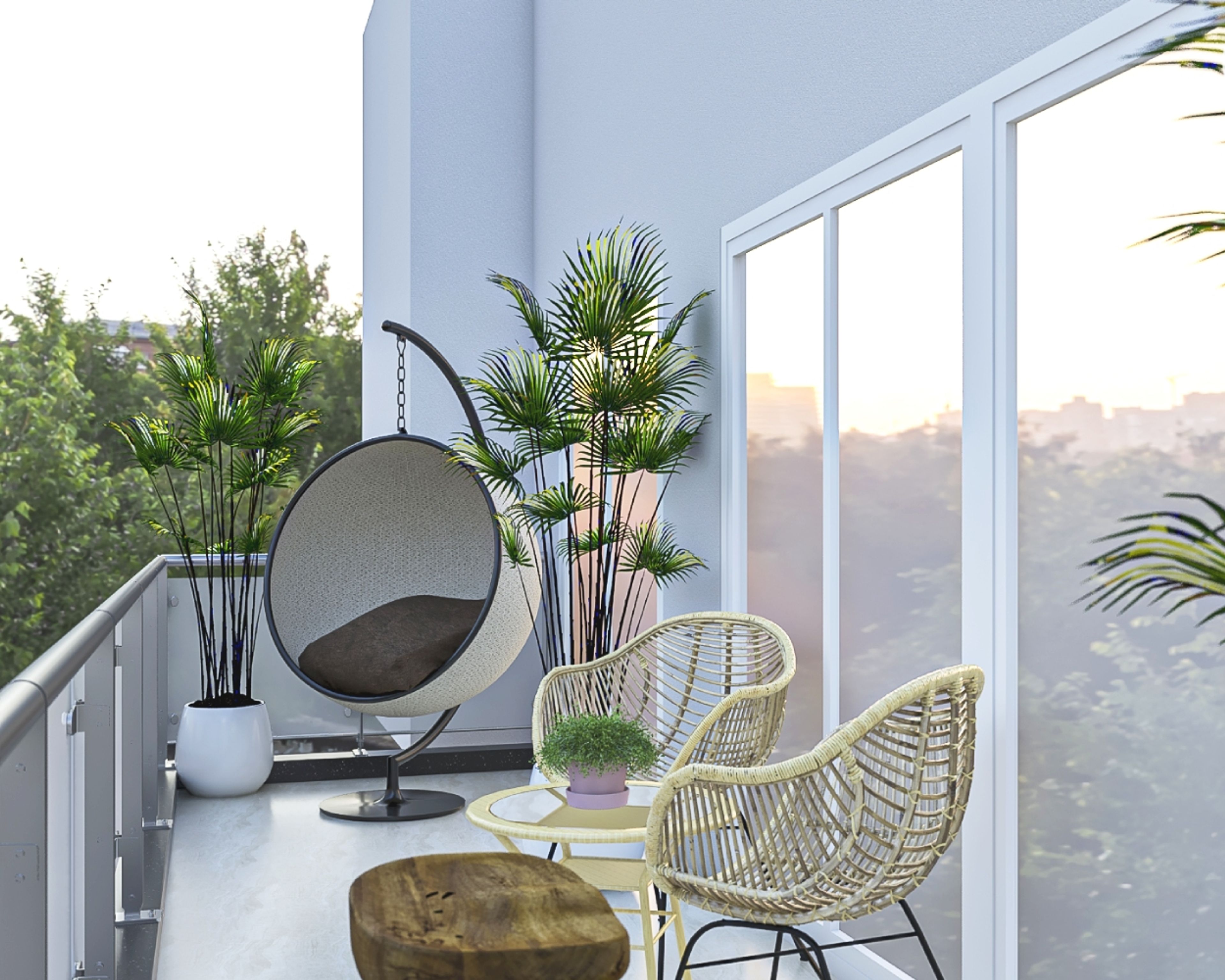 Blue Balcony Design With Rattan Furniture, Wooden Coffee Table And Nest Swing - Livspace