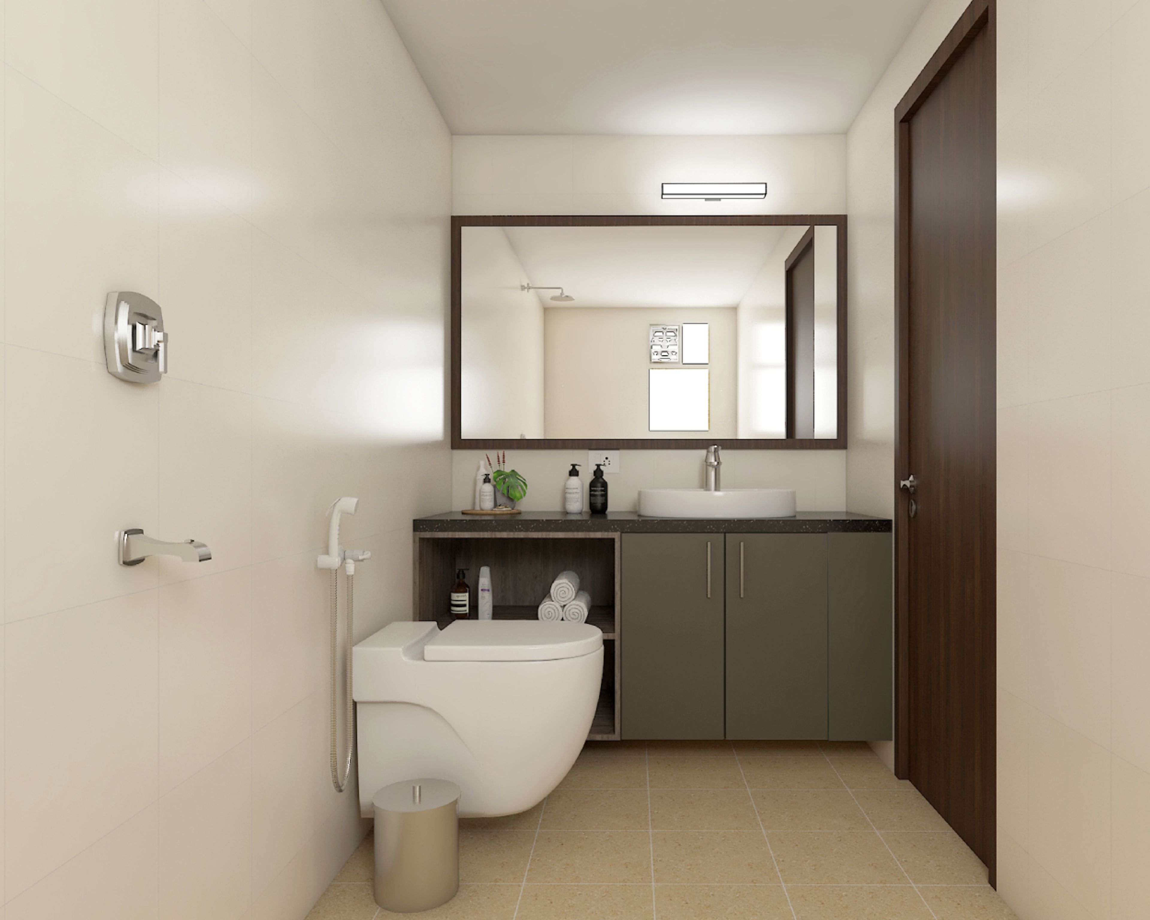 Modern White Small Bathroom Ideas With Slate Grey Bathroom Cabinet And Wooden Open Shelves