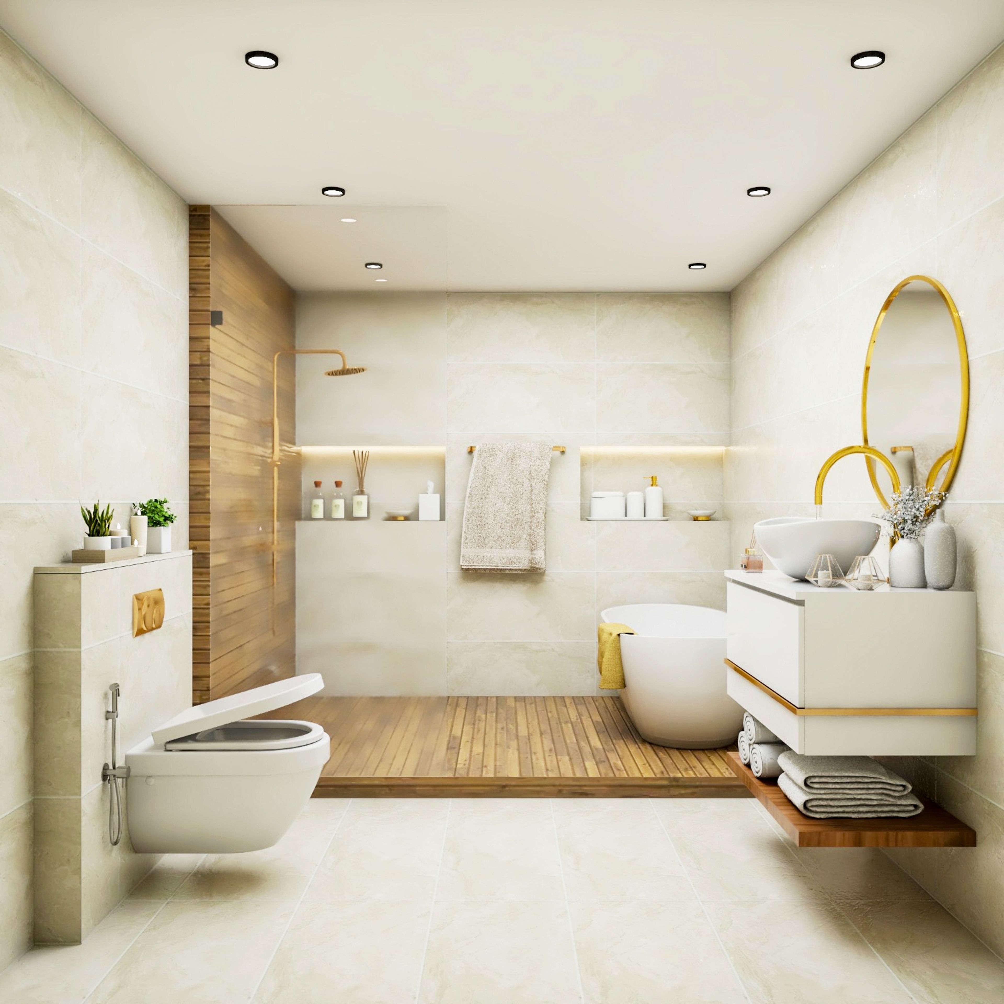 Classic Beige Bathroom Design With Floor-To-Wall Wooden Shower Panel