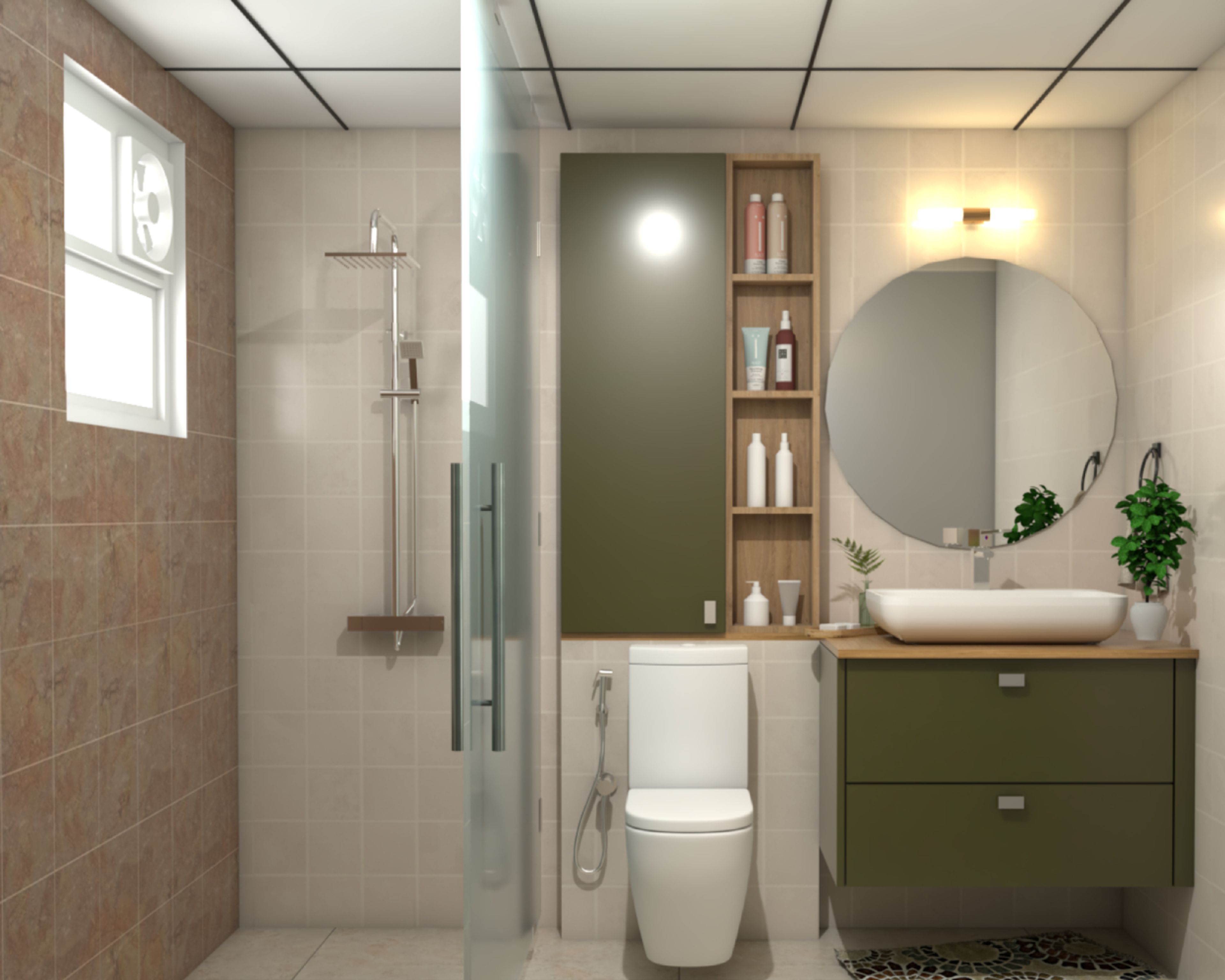 Scandinavian Brown And Beige Bathroom Design With Olive Green Wall-Mounted Bathroom Cabinet