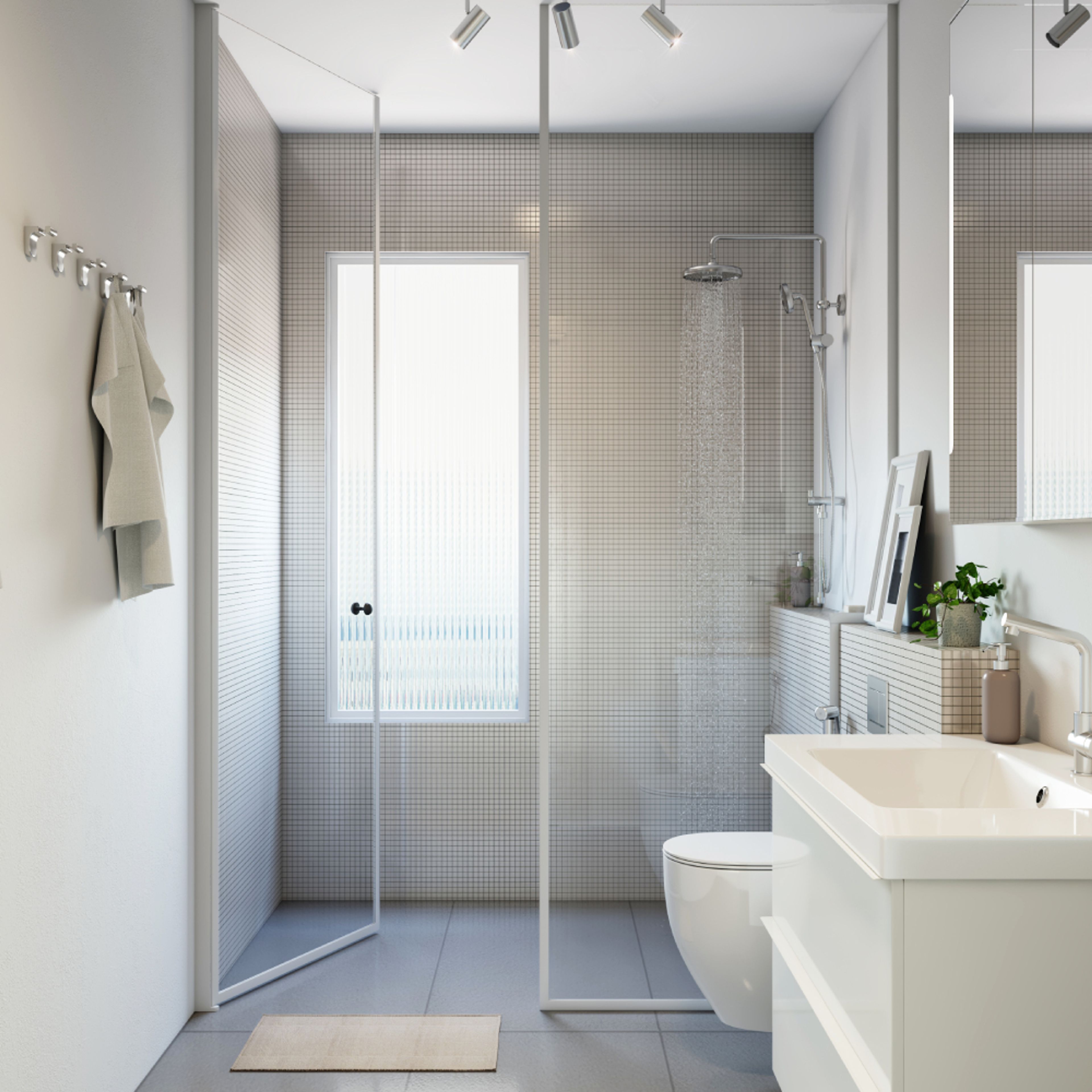 Minimal White And Grey Small Bathroom Ideas With Grey Chequered Wall