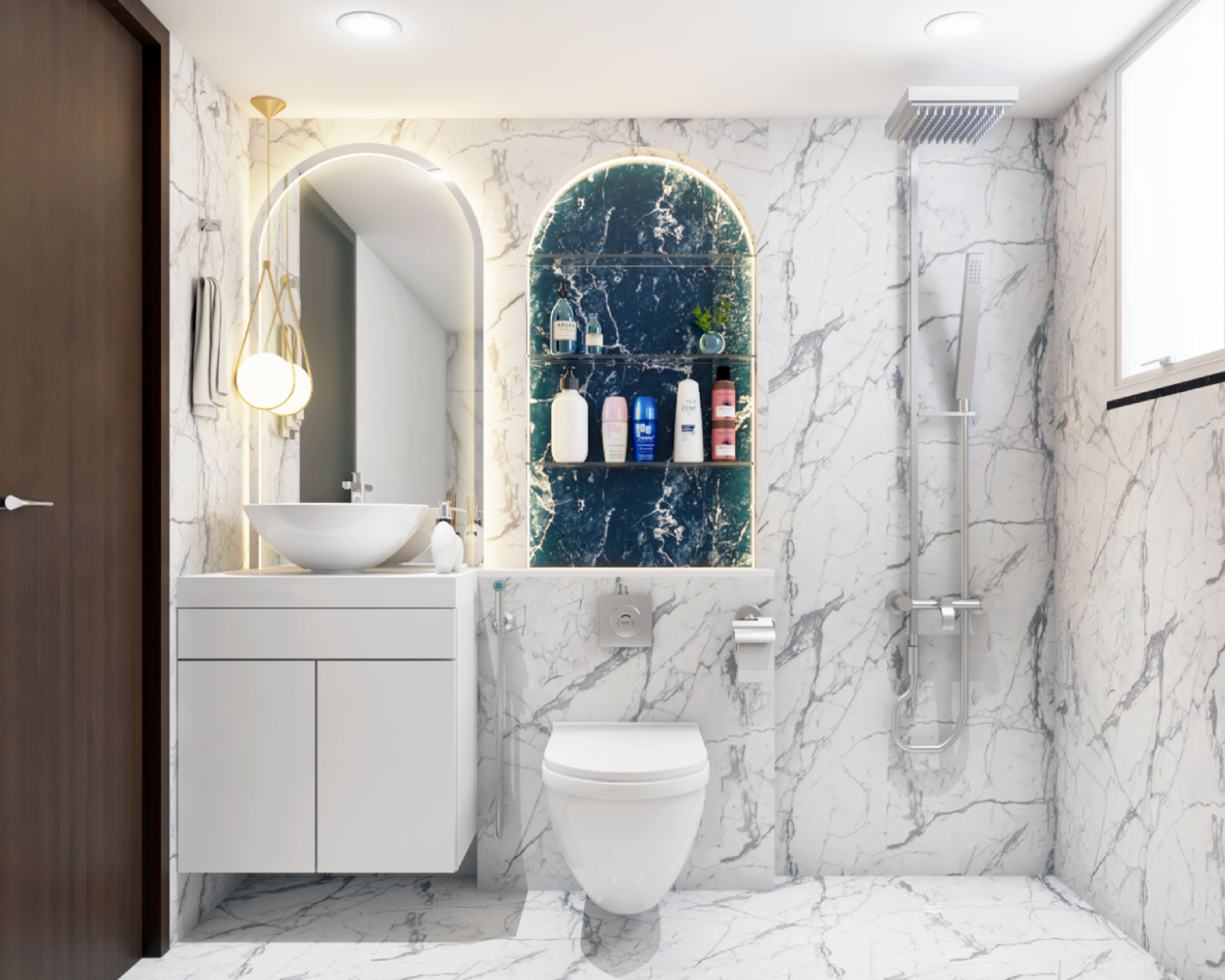 Art Deco White And Blue Bathroom Cabinet Design With Arched Mirror