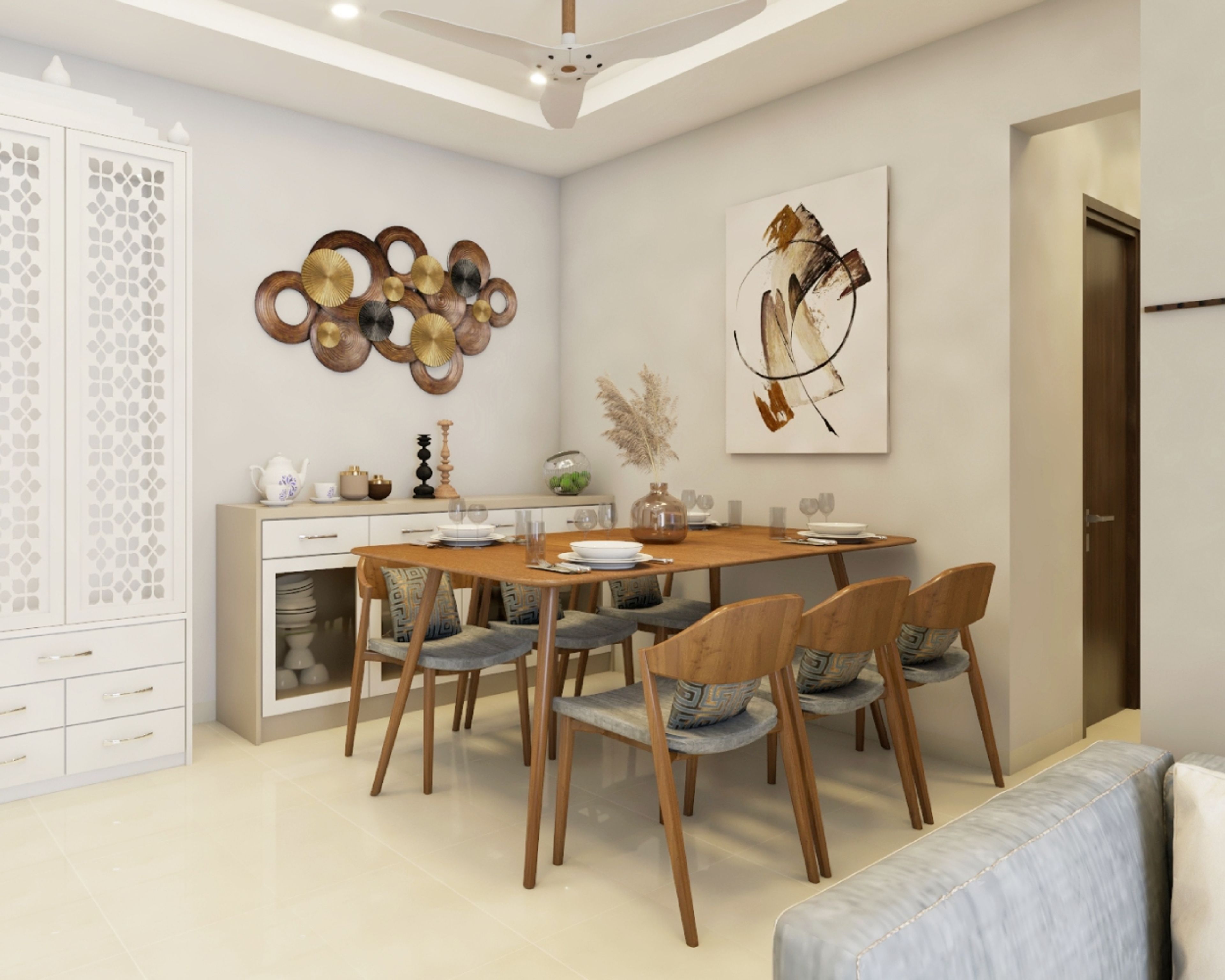 Modern 6-Seater Wood And Grey Dining Room Design With Gold Wall Decor