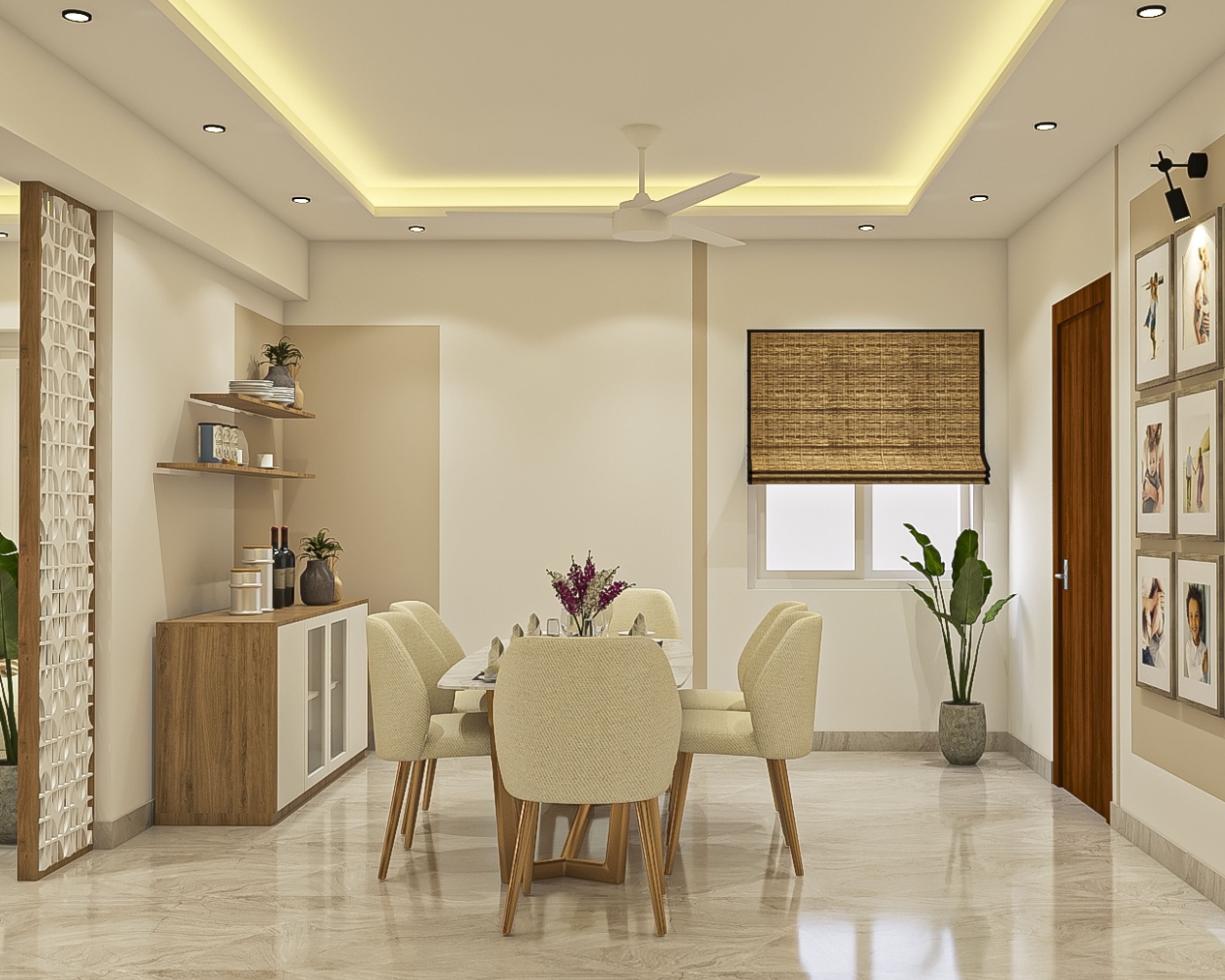 Contemporary 6-Seater White And Beige Dining Room Design With Crockery Unit