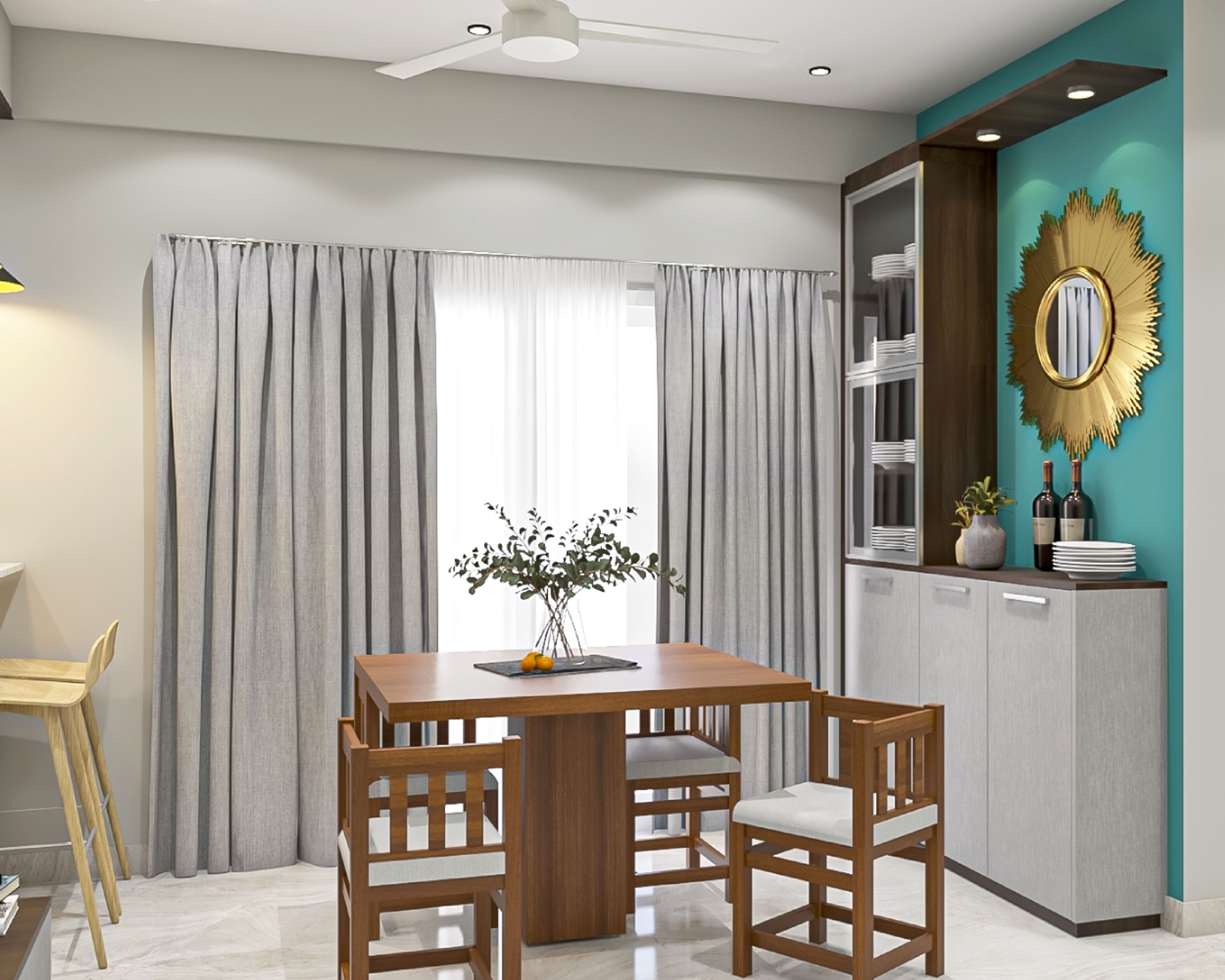 Modern 4-Seater Wood And White Dining Room Design With Grey-Wood Crockery Unit
