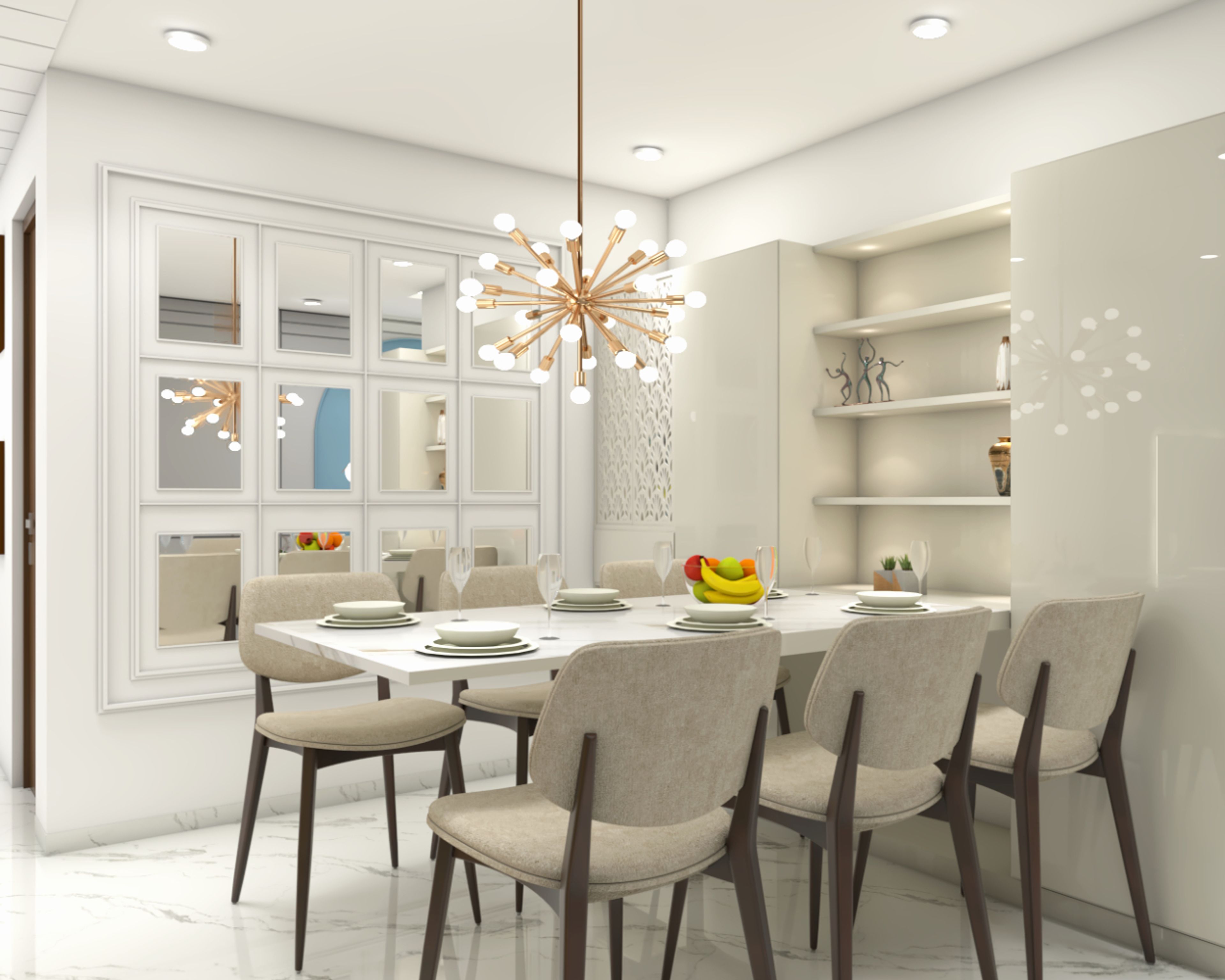 Modern White And Beige 6-Seater Dining Room Design With Mirrored Wall Panel