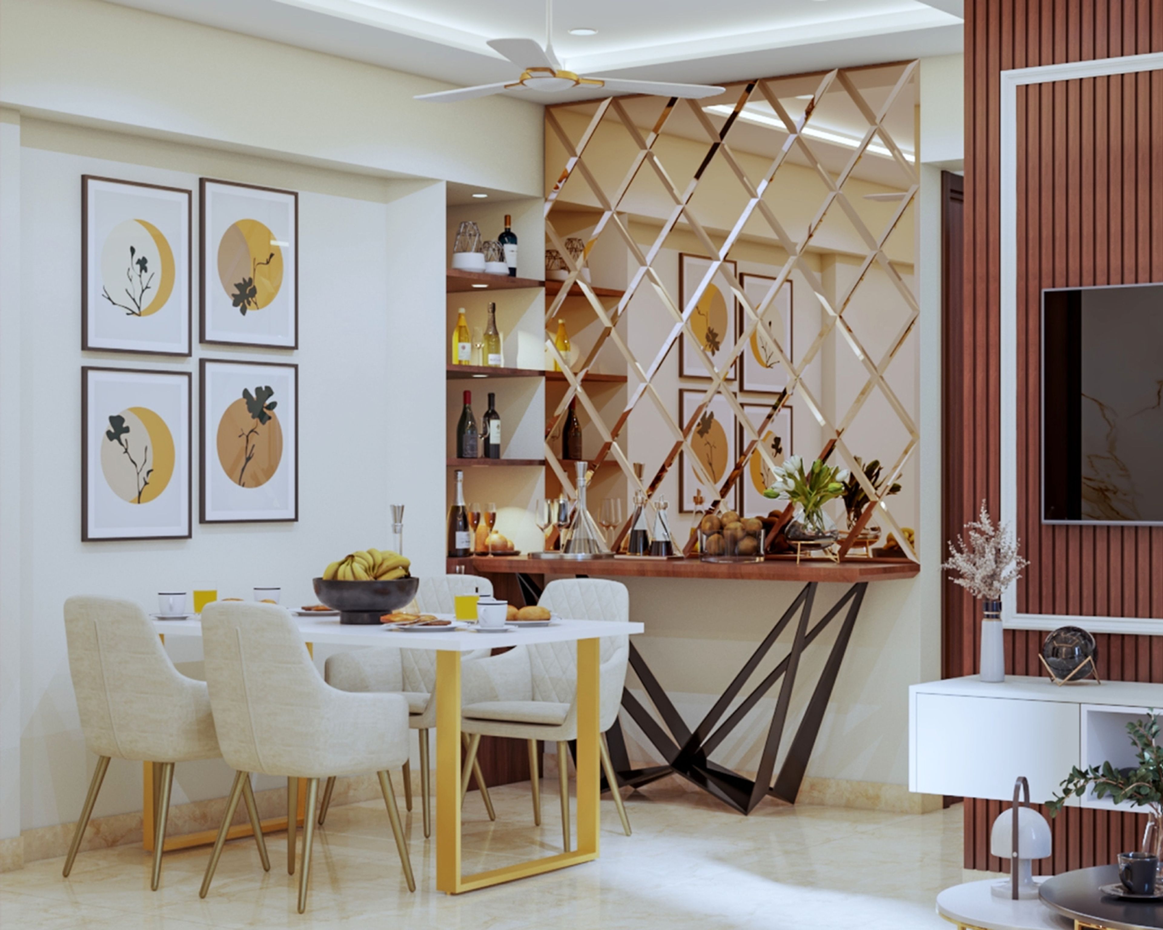 Contemporary 4-Seater Beige And White Dining Room Design With Bevelled Mirror Wall