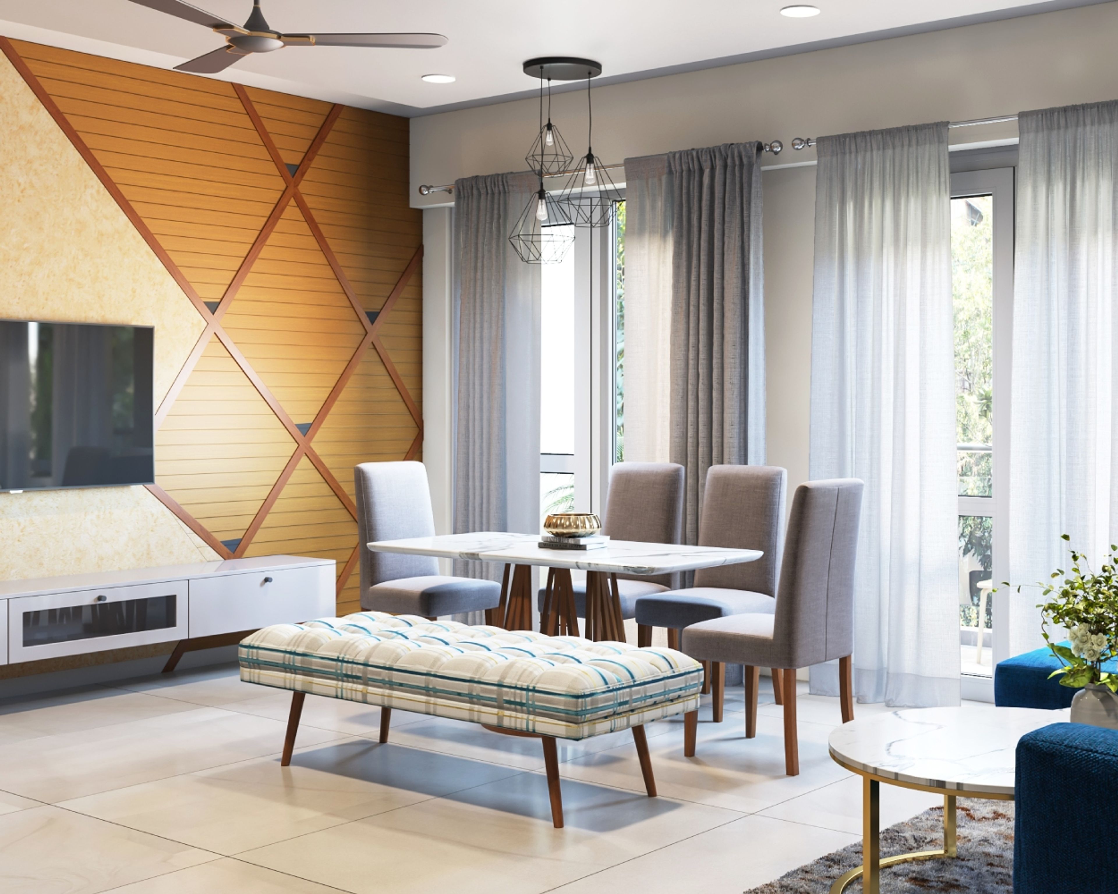 Modern White And Grey 4-Seater Dining Room Design With Patterned Seater