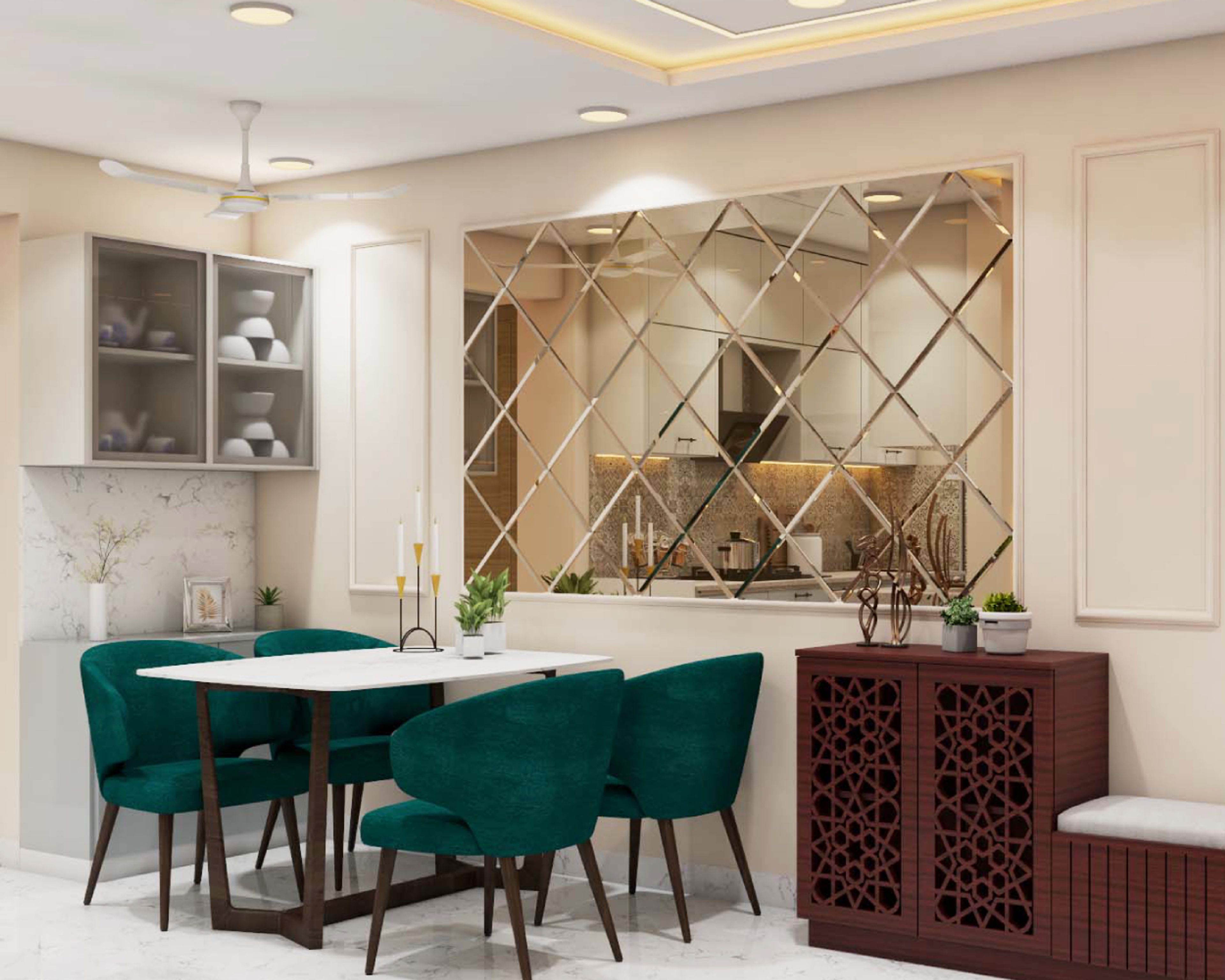 Contemporary White And Dark Green 4-Seater Dining Room Design With Bevelled Mirrored Wall Panel