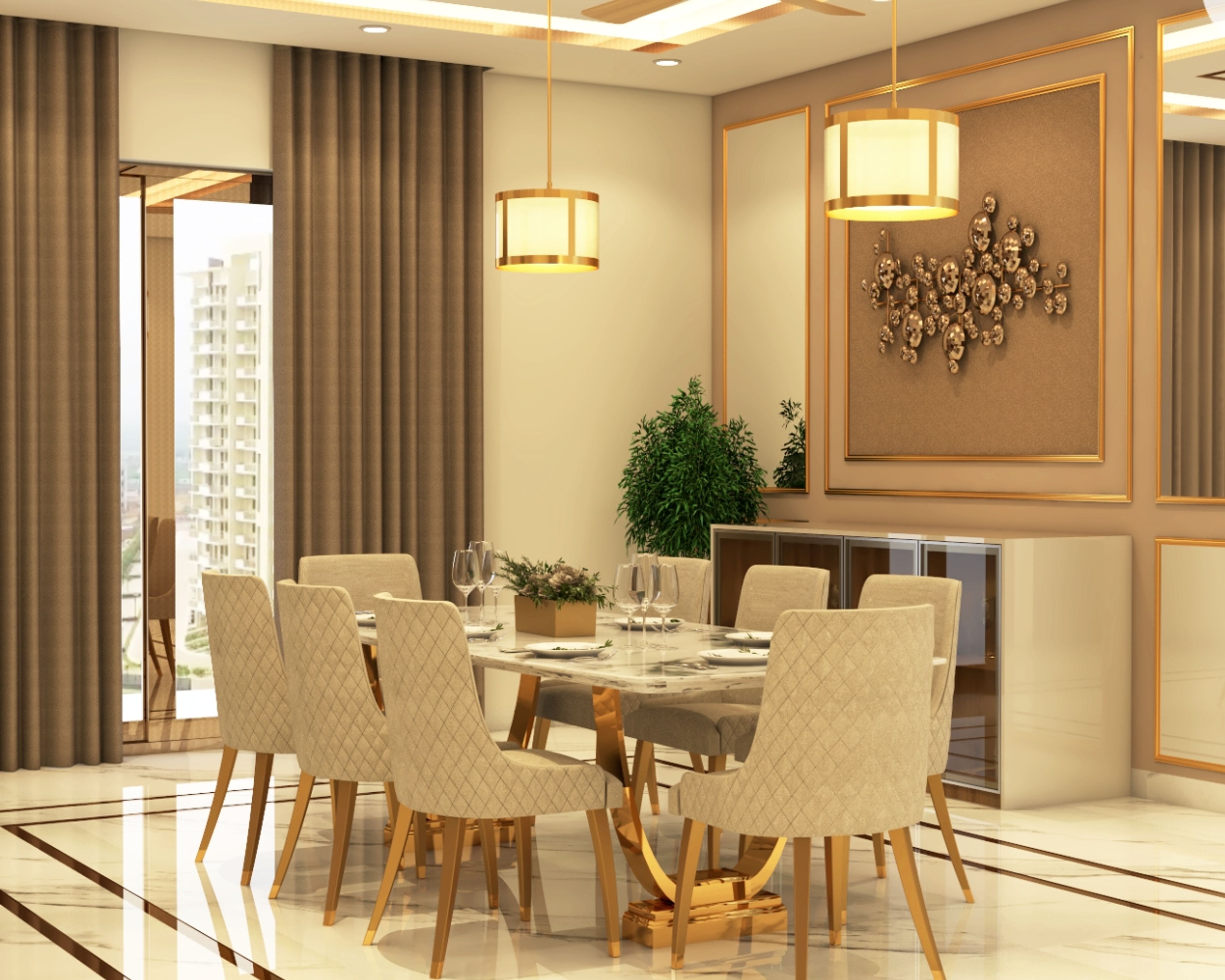 Classic 8-Seater Beige And Marble Dining Room Design With White Marble Dining Room Tiles