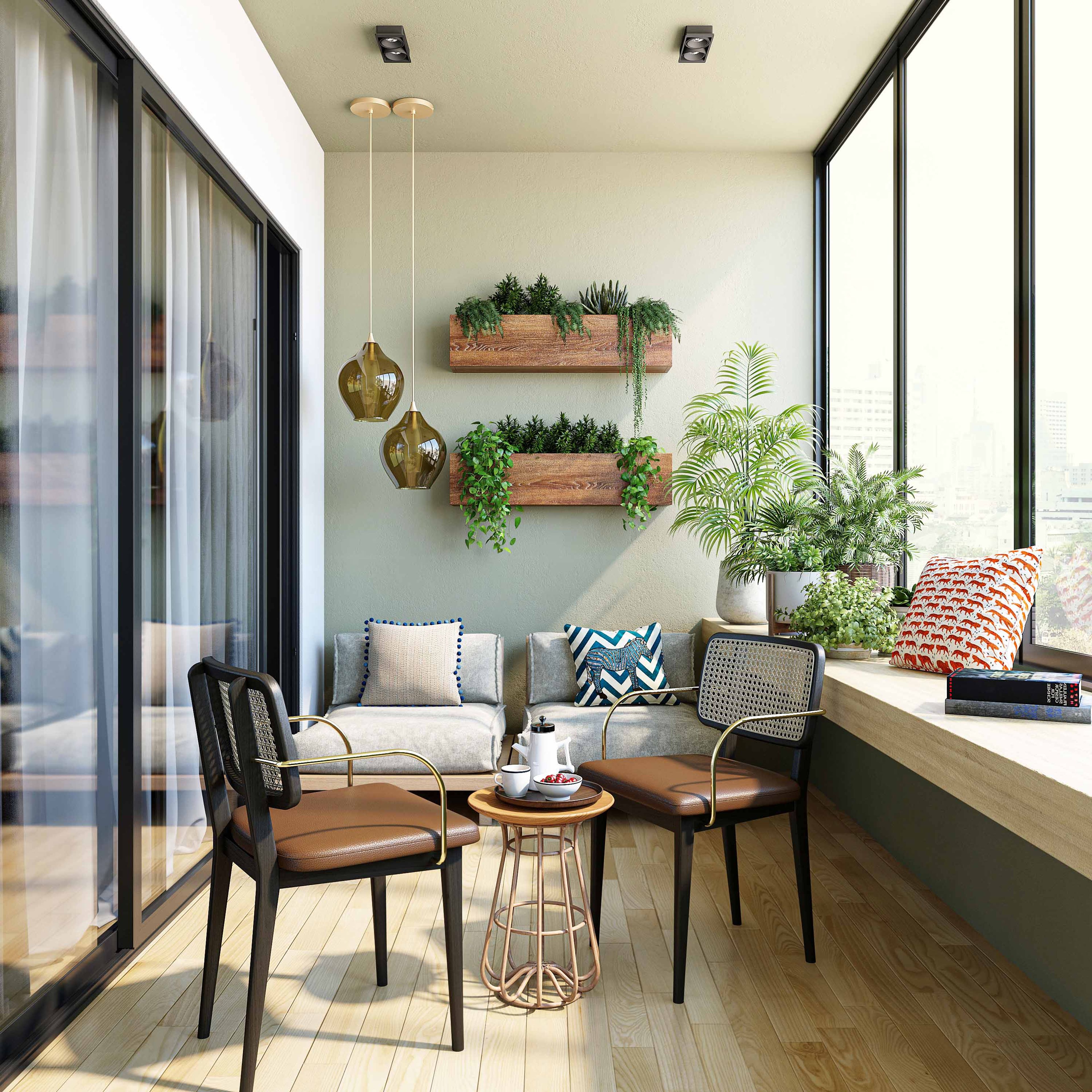 Balcony Design With Beige Textured Wall And Planters, Long Window Seater, 2-Seater Brown And Black Coffee Table And Beige Accent Chairs - Livspace