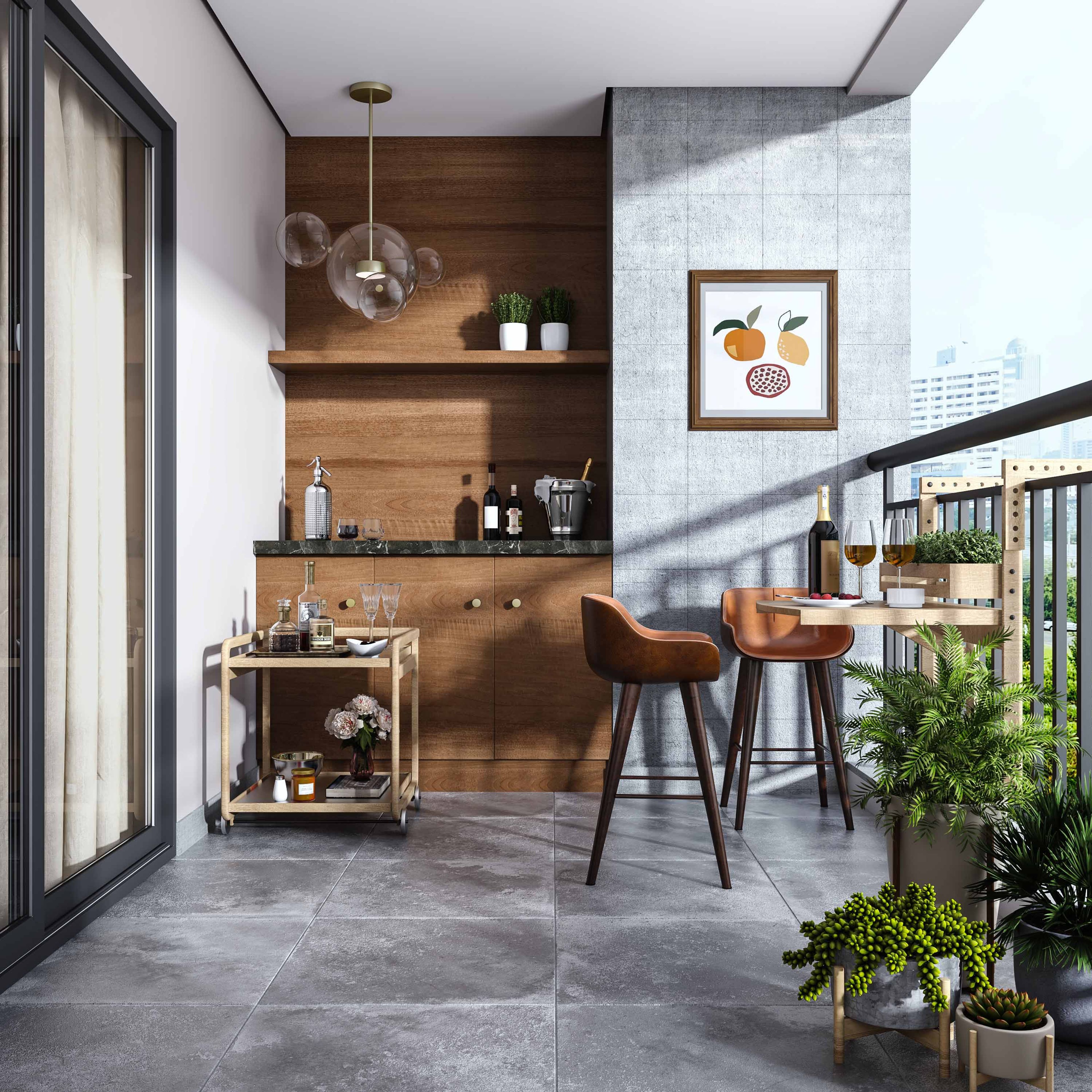 Balcony Design With Tropical Aesthetics, A Stand-Alone Wooden Bar Unit And A High-Table With Bar Stools - Livspace