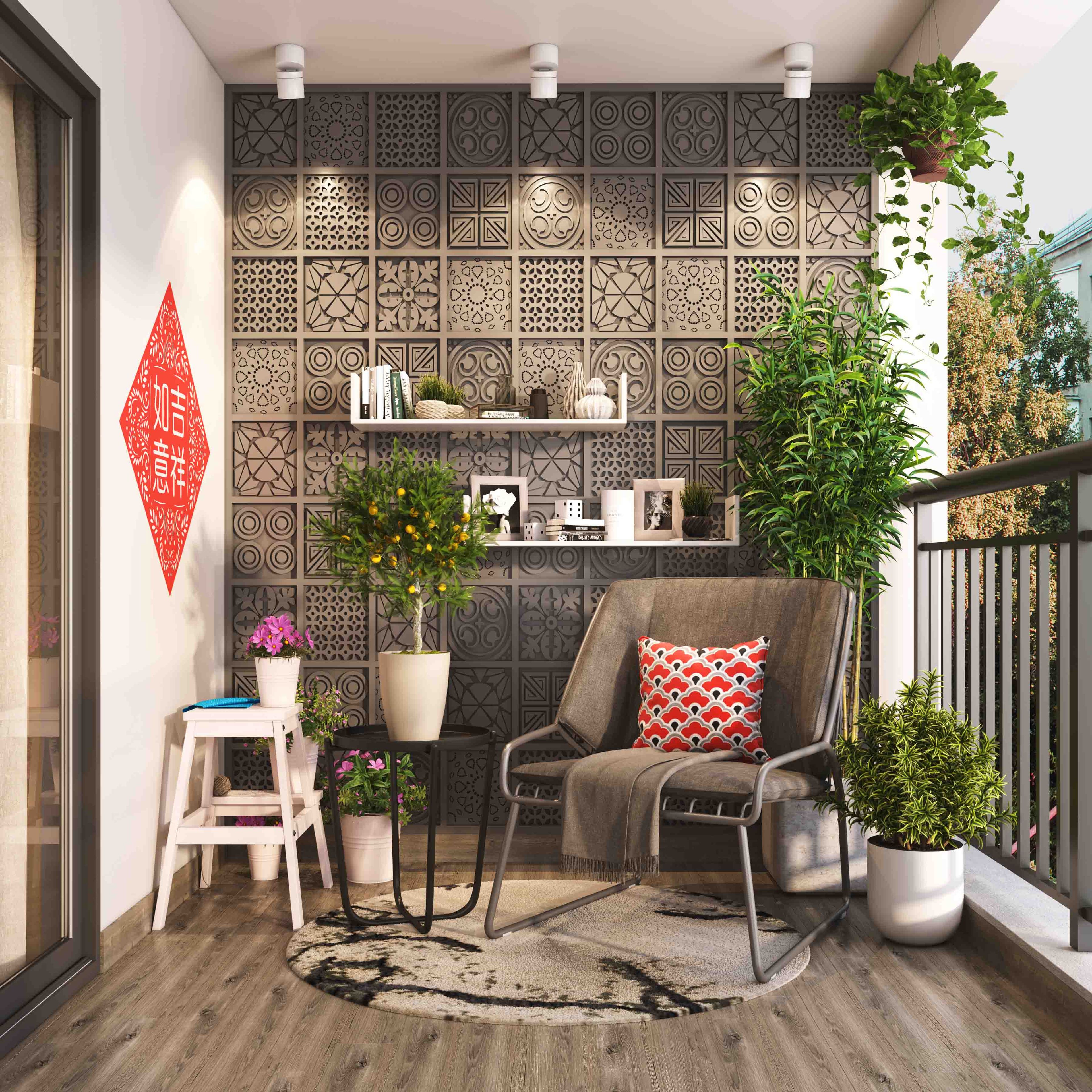 Balcony Design With Grey 3D Wall Design, Grey Accent Chair, White Stool And White Wall-Muounted Shelves - Livspace