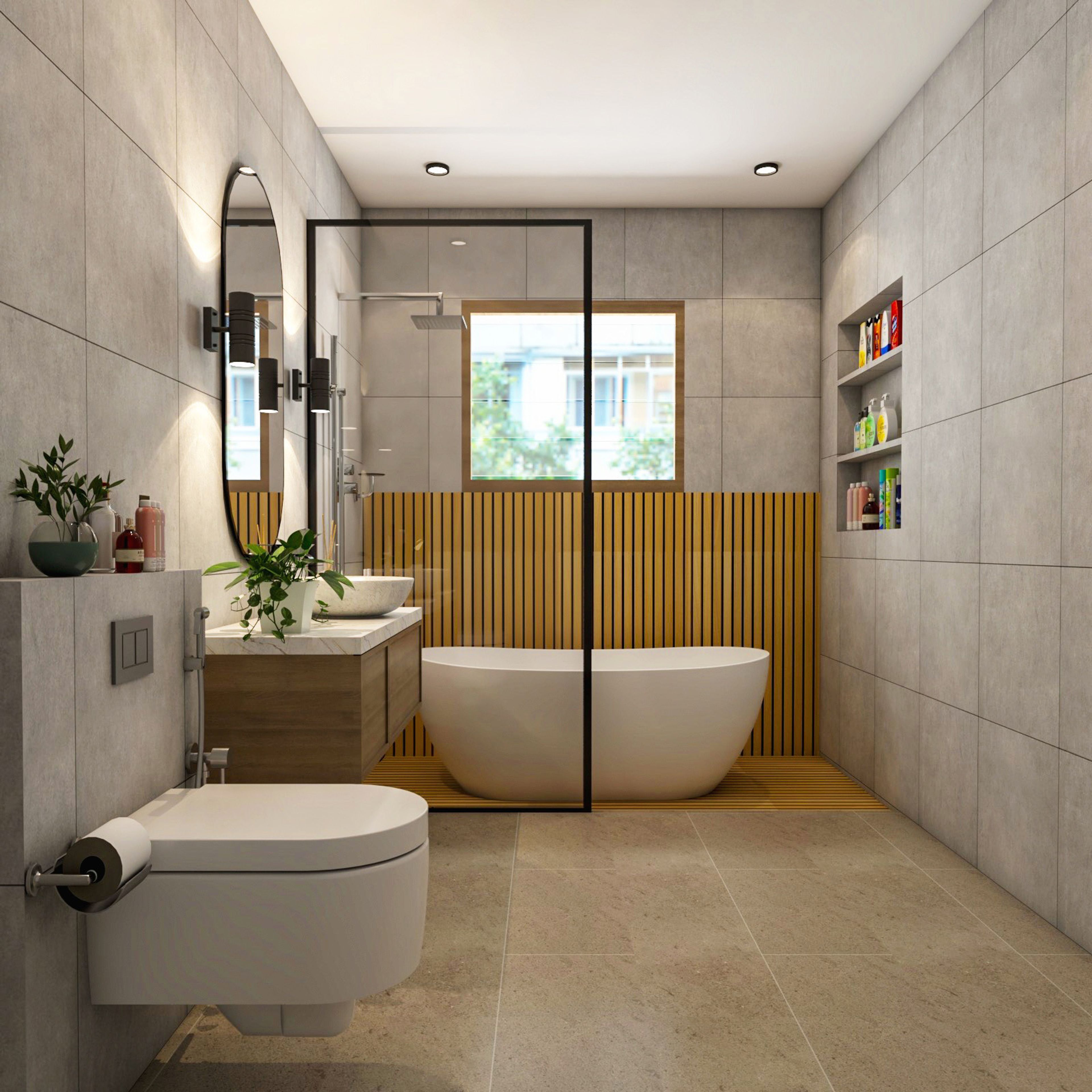 Scandinavian Grey Bathroom Design With Wooden Floor-To-Wall Panelling And White Bathtub
