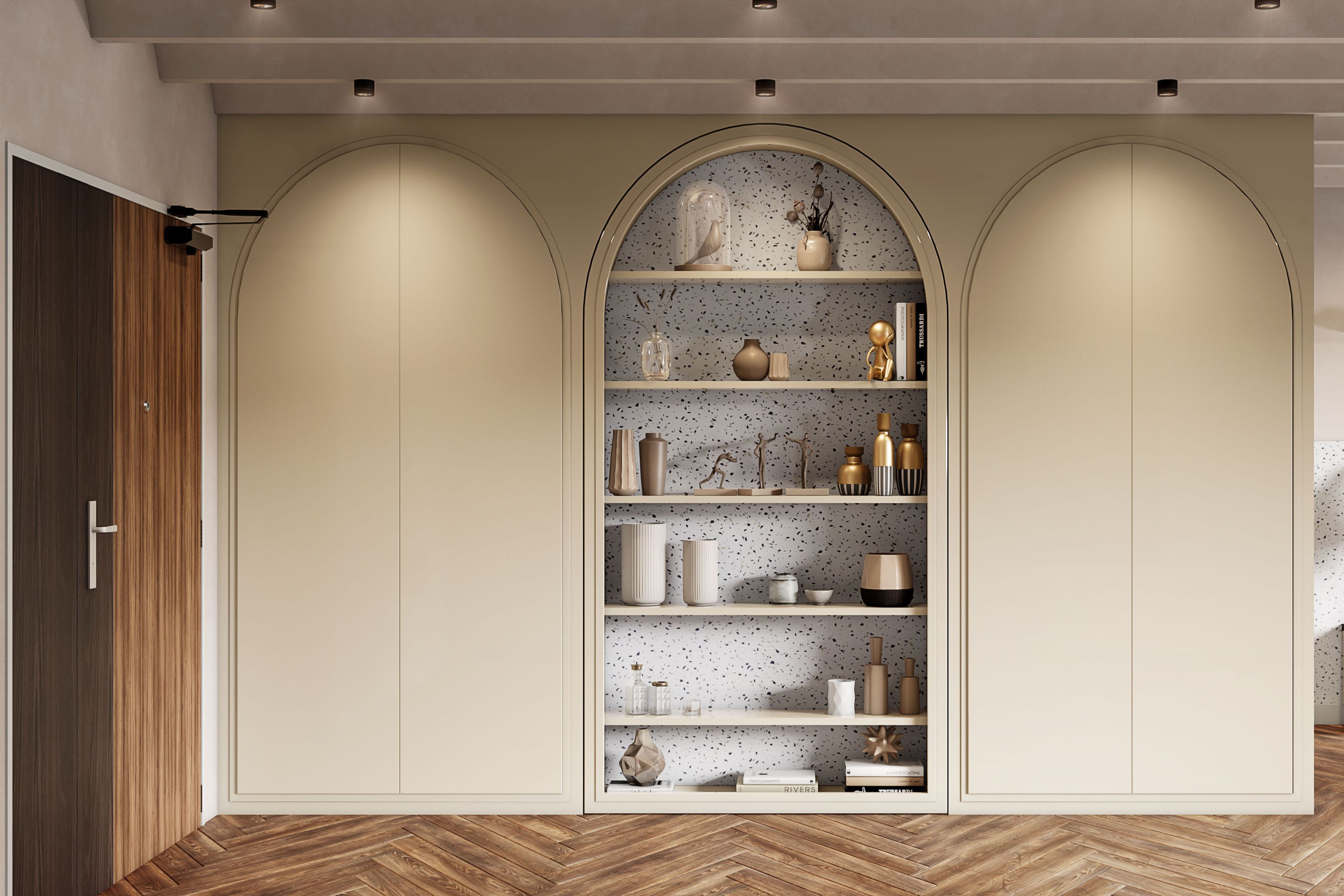 Beige 3D POP Ceiling Design With Panelled Beams - Livspace