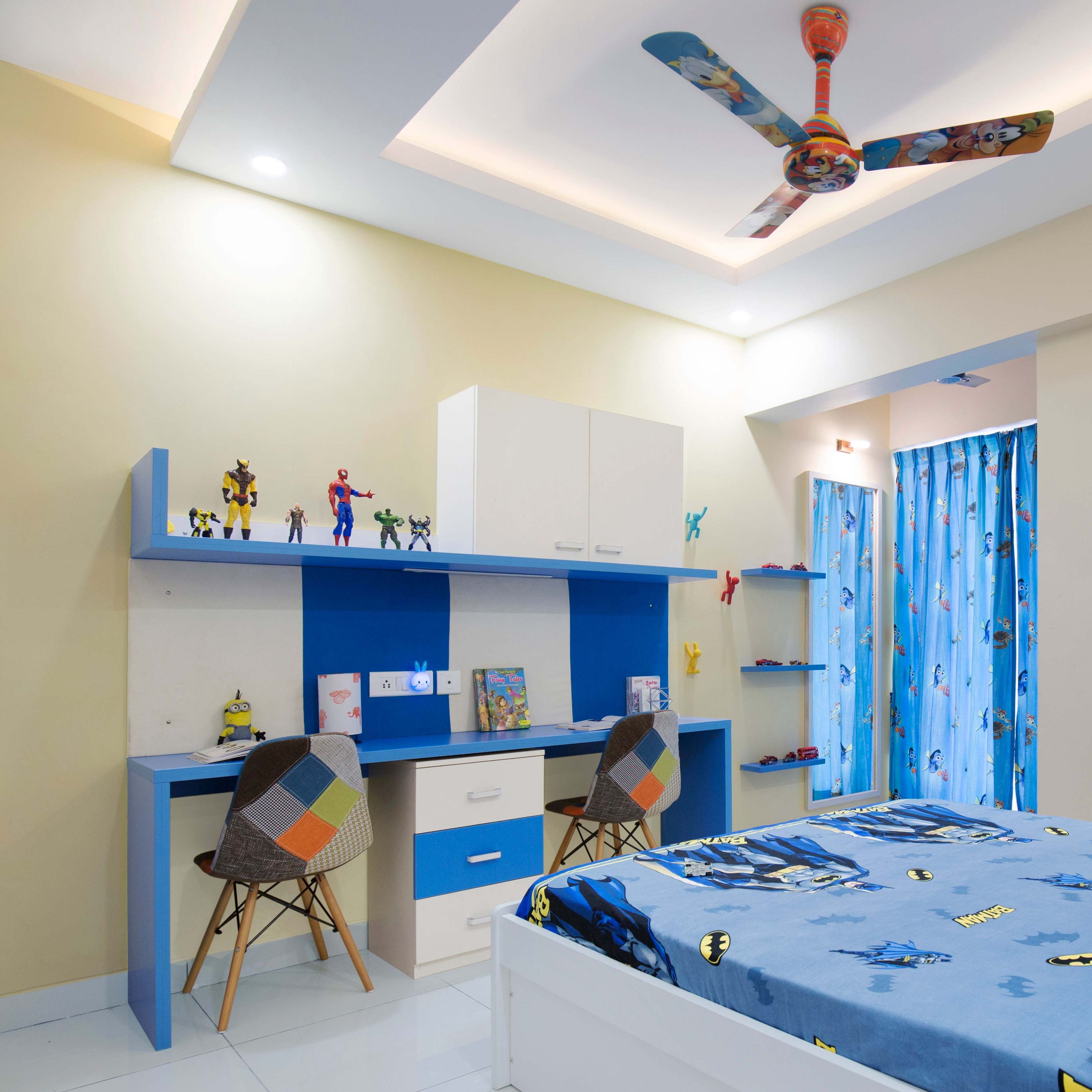 Contemporary White And Blue Home Office Design With Drawer And Cabnet Storage