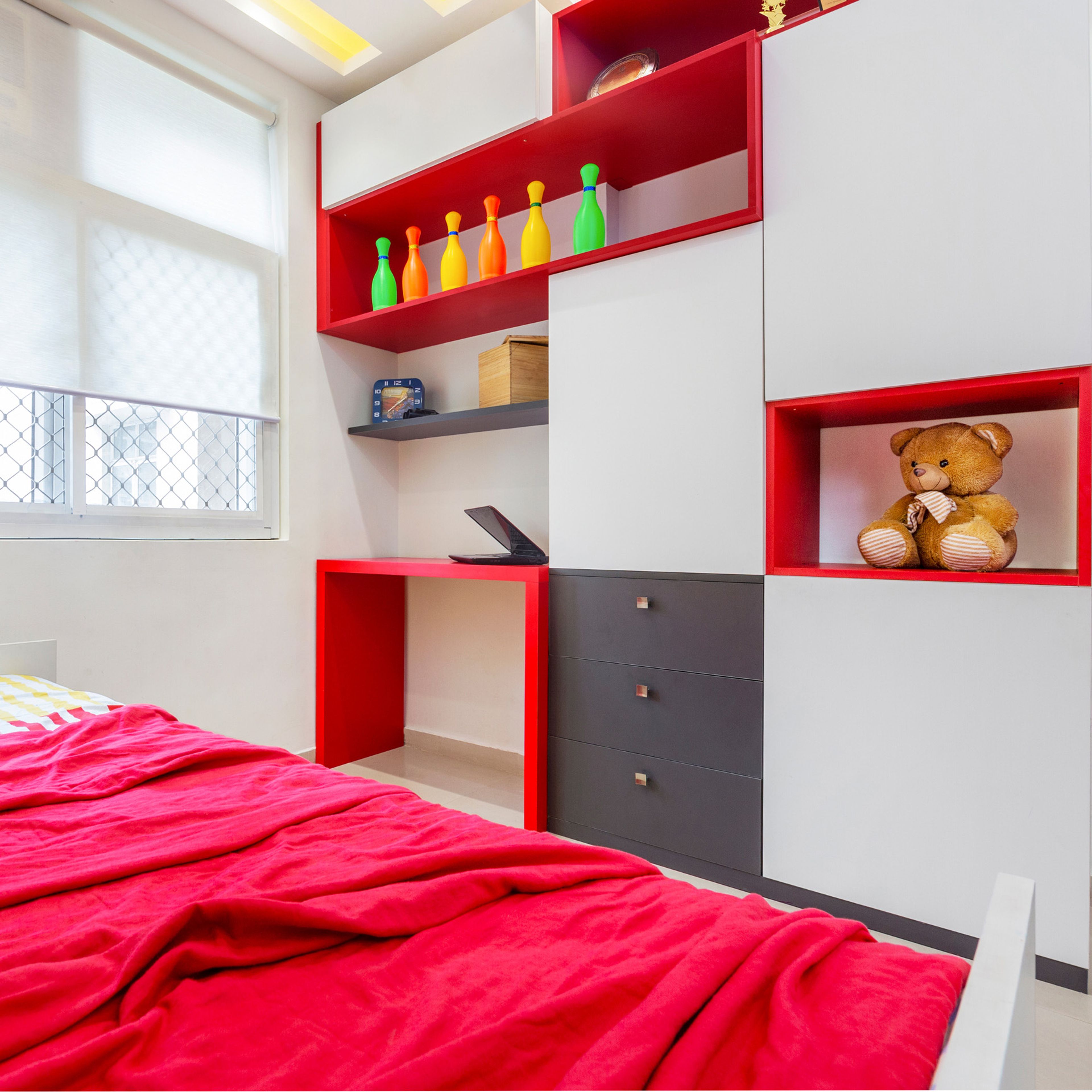 Eclectic Red And White Home Office Design With Open And Closed Storage