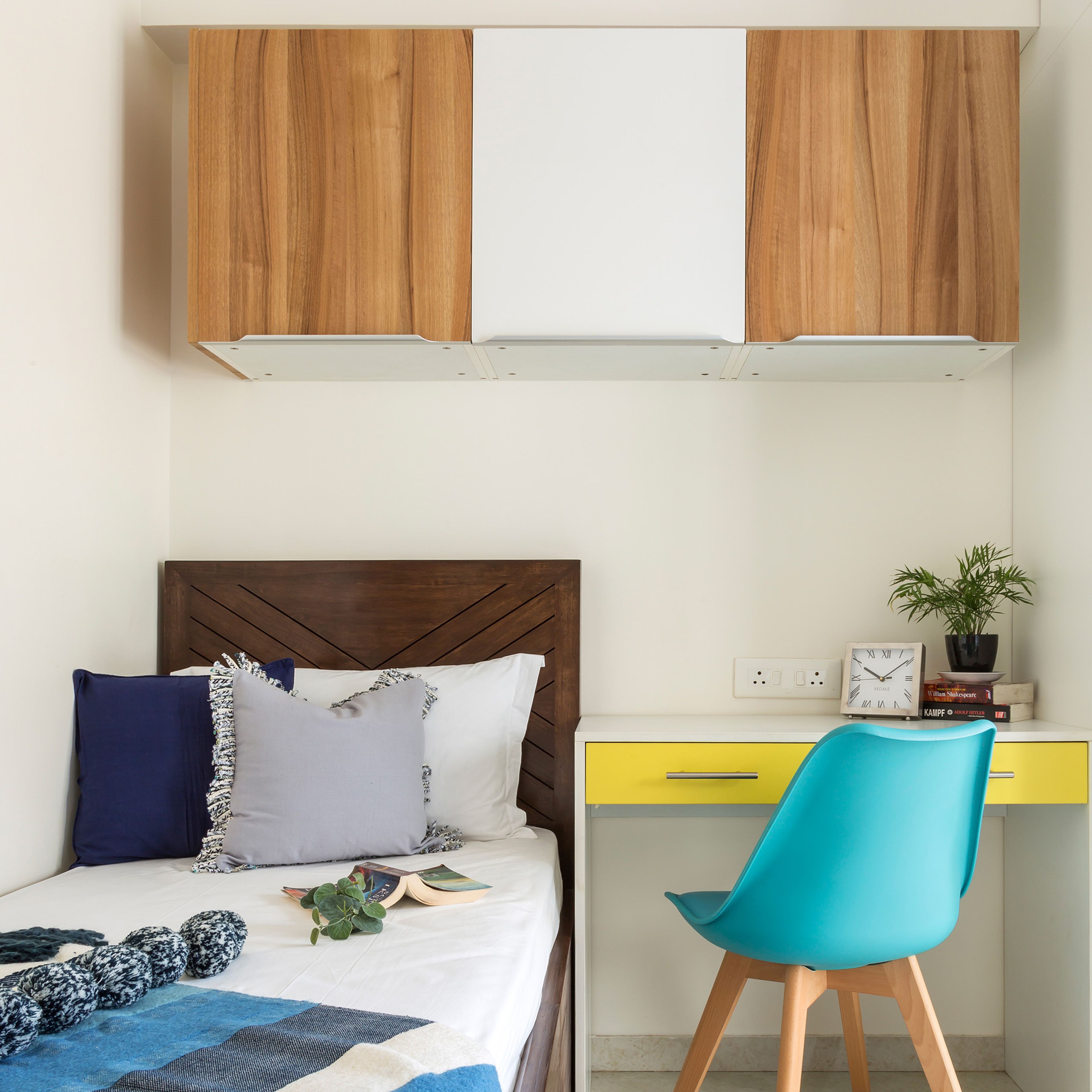 Classic White And Yellow Home Office Design With Wall-Mounted Wood-White Storage