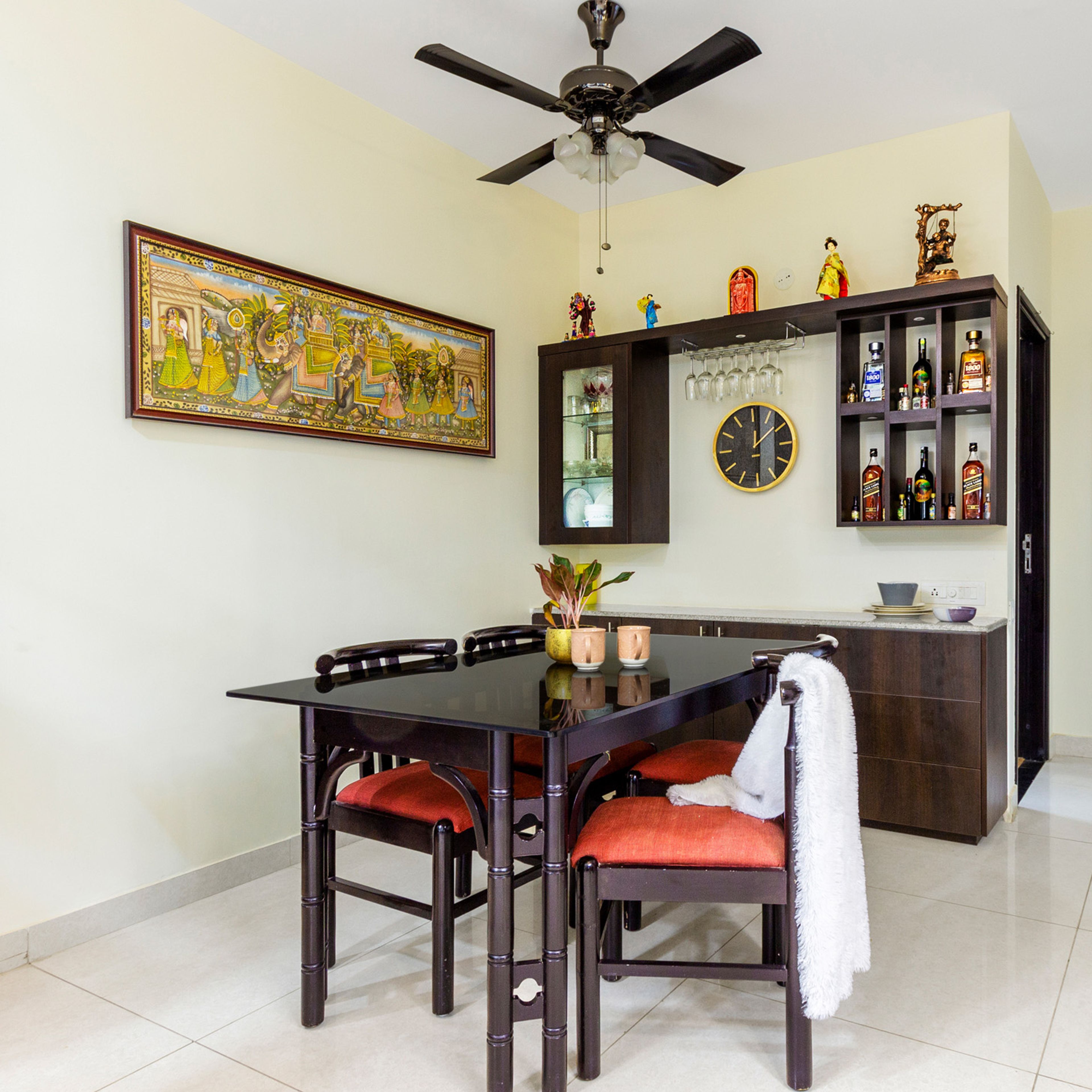 4-Seater Dark Brown And Orange Dining Table With Wooden Crockery-Cum-Bar Unit - Livspace