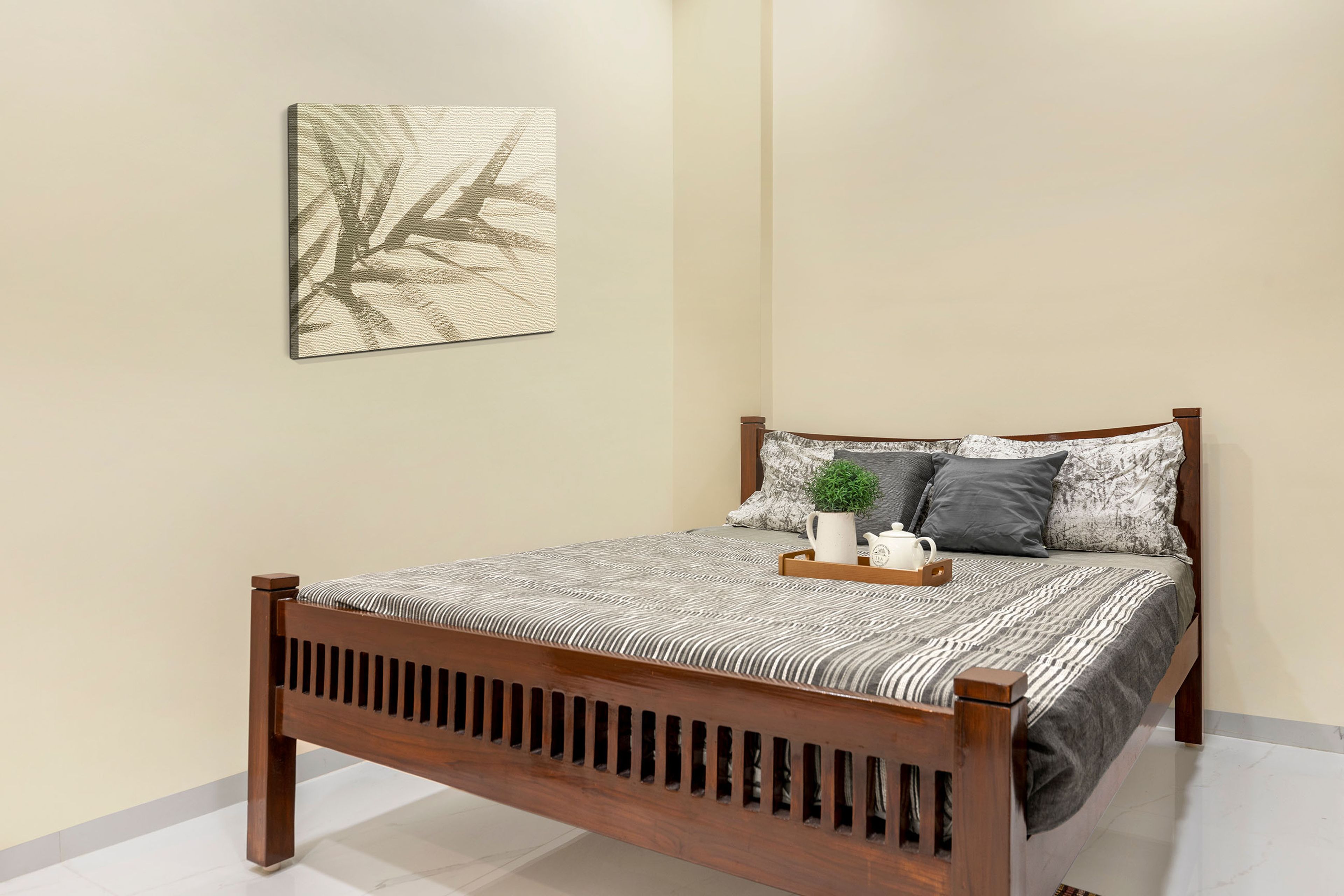 Wooden Bed With Grey And White Striped Upholstery And Abstract Wall Art - Livspace