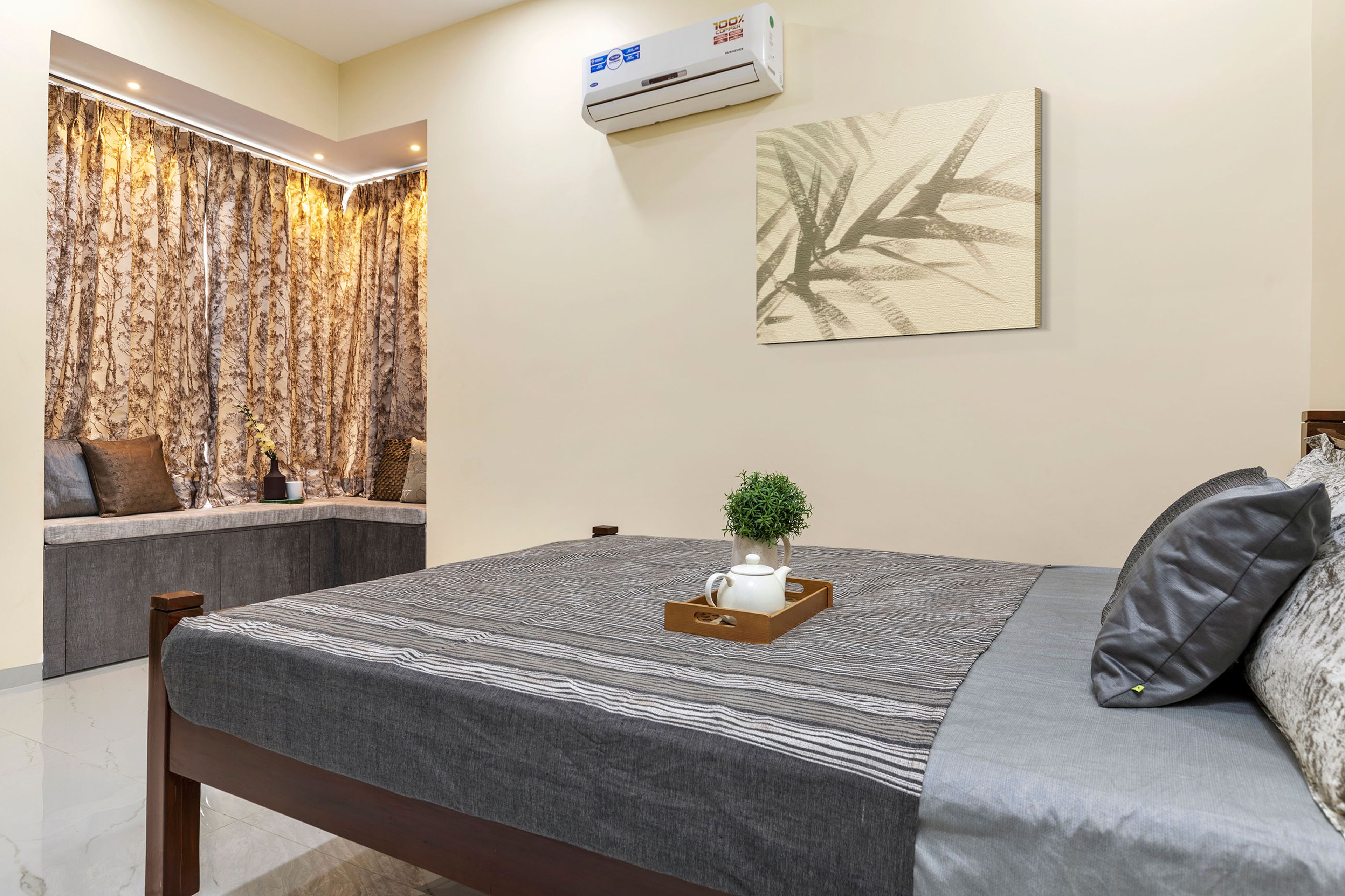 Kids Bedroom With Wooden Bed, L-Shaped Corner Seater And Abstract Wall Art - Livspace