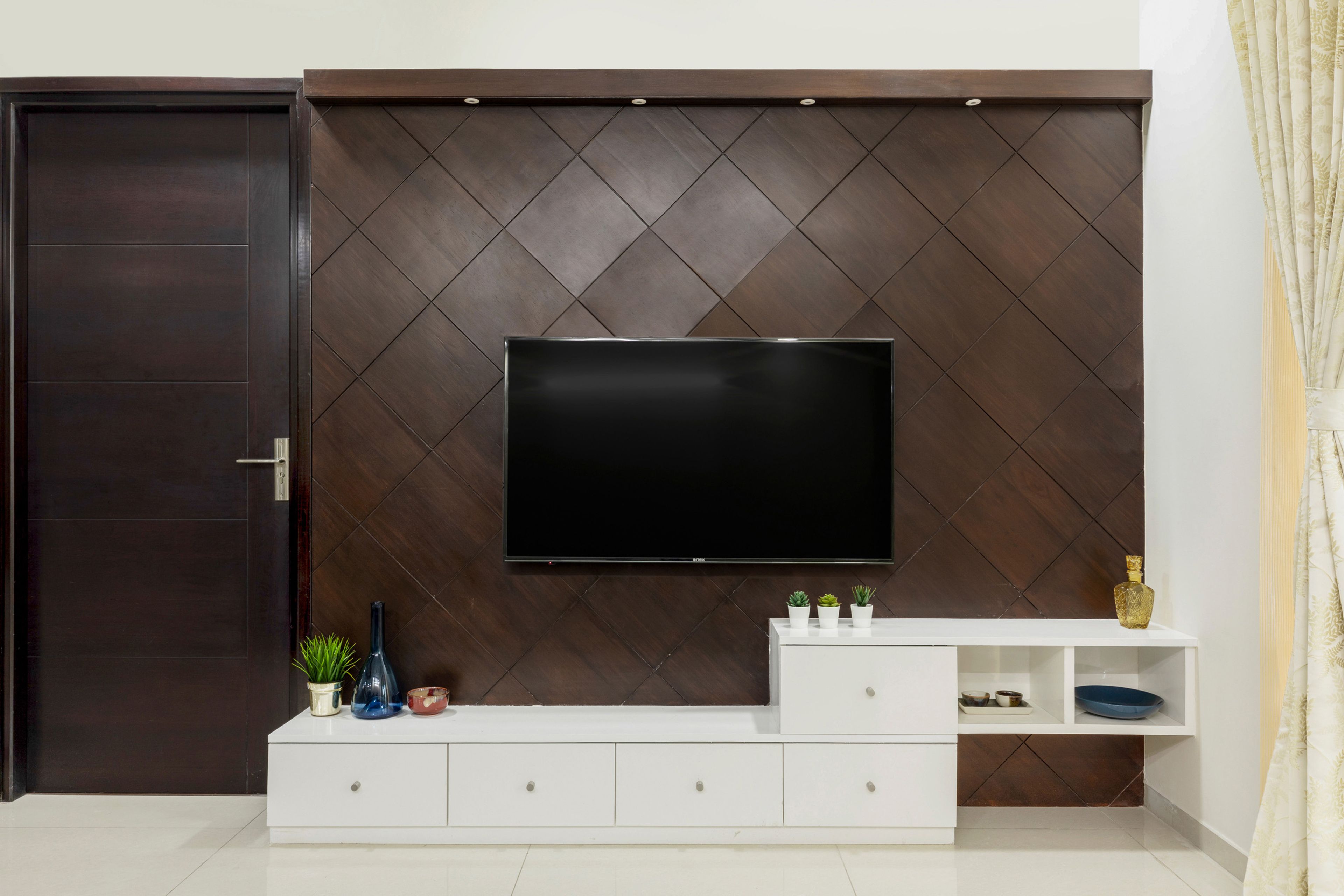 Wood and white TV cabinet with white stepped TV console - Livspace