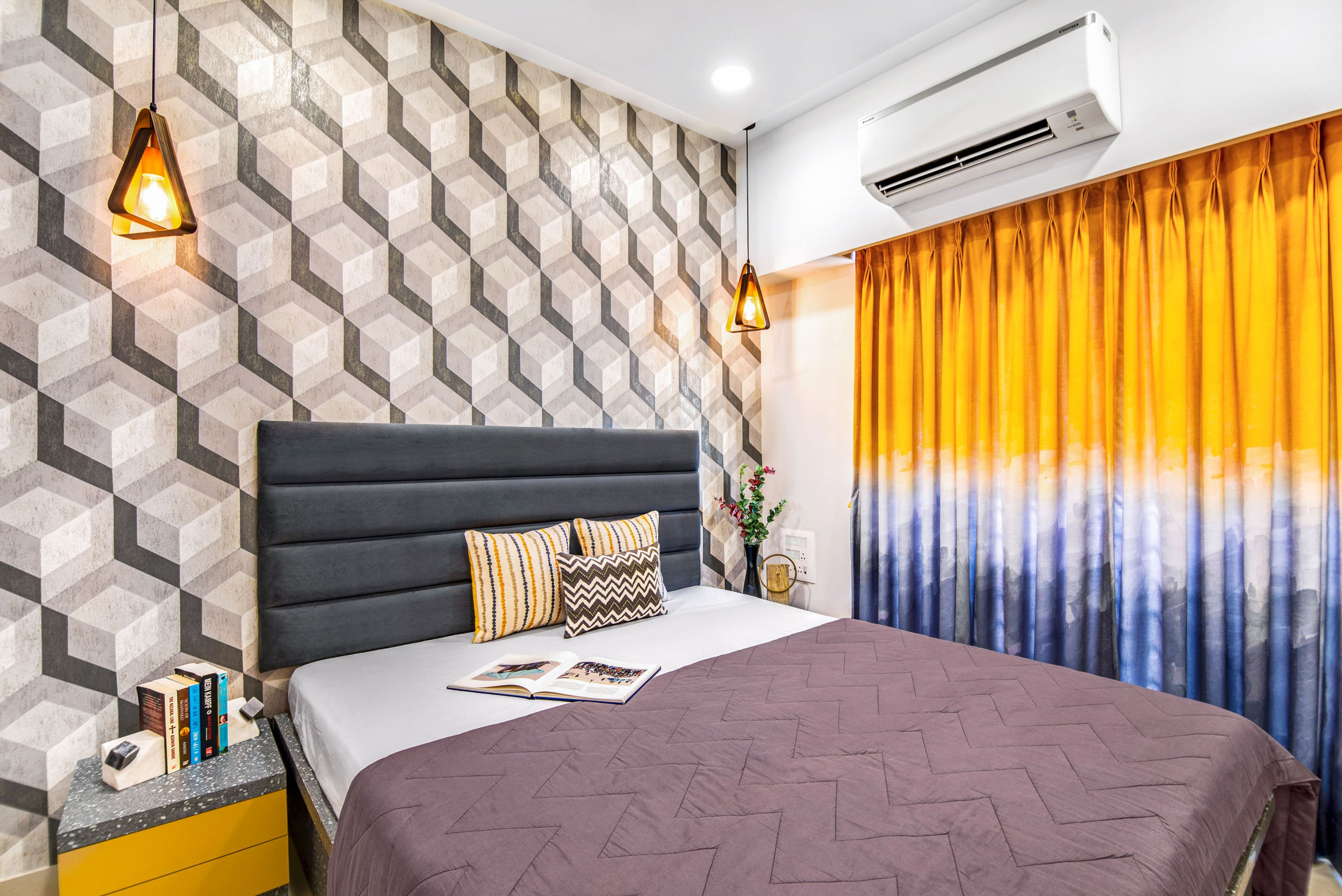 Guest Bedroom With Hexagonal Grey And White Wallpaper Design - Livspace