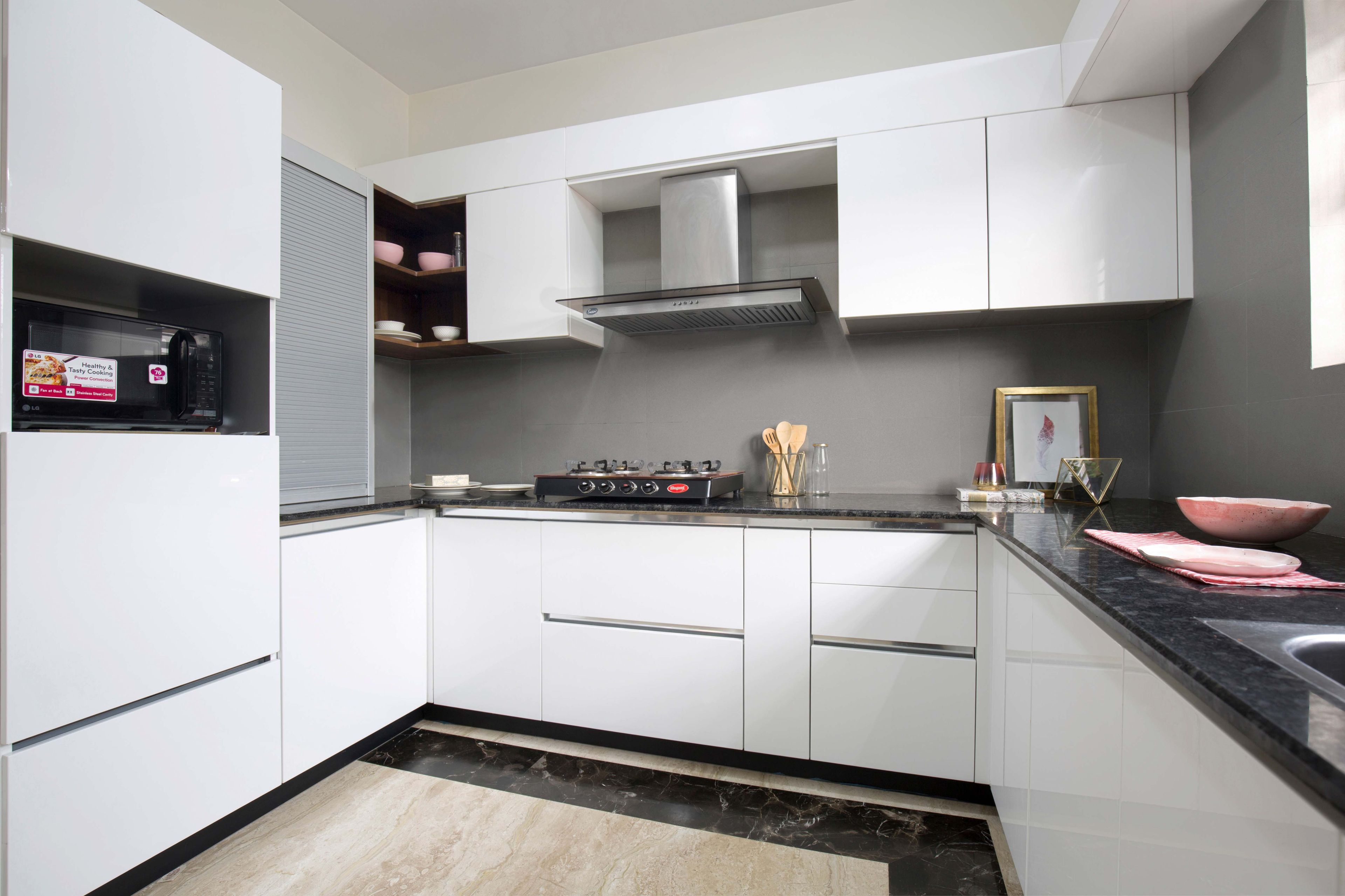 U-Shaped White Kitchen Design With Grey Backsplash - Livspace