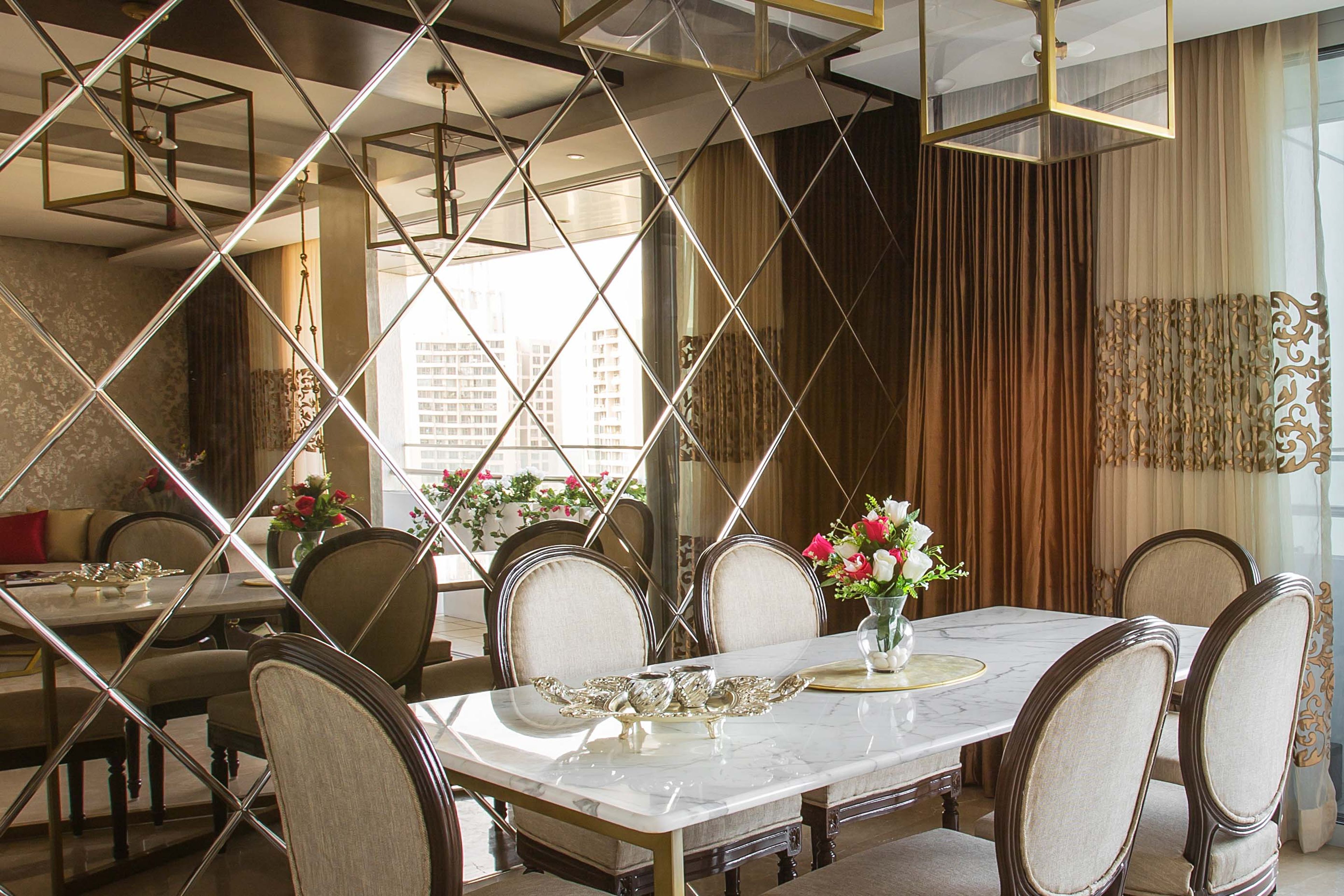6-Seater Beige And White Dining Room With Bevelled Mirror Panel - Livspace