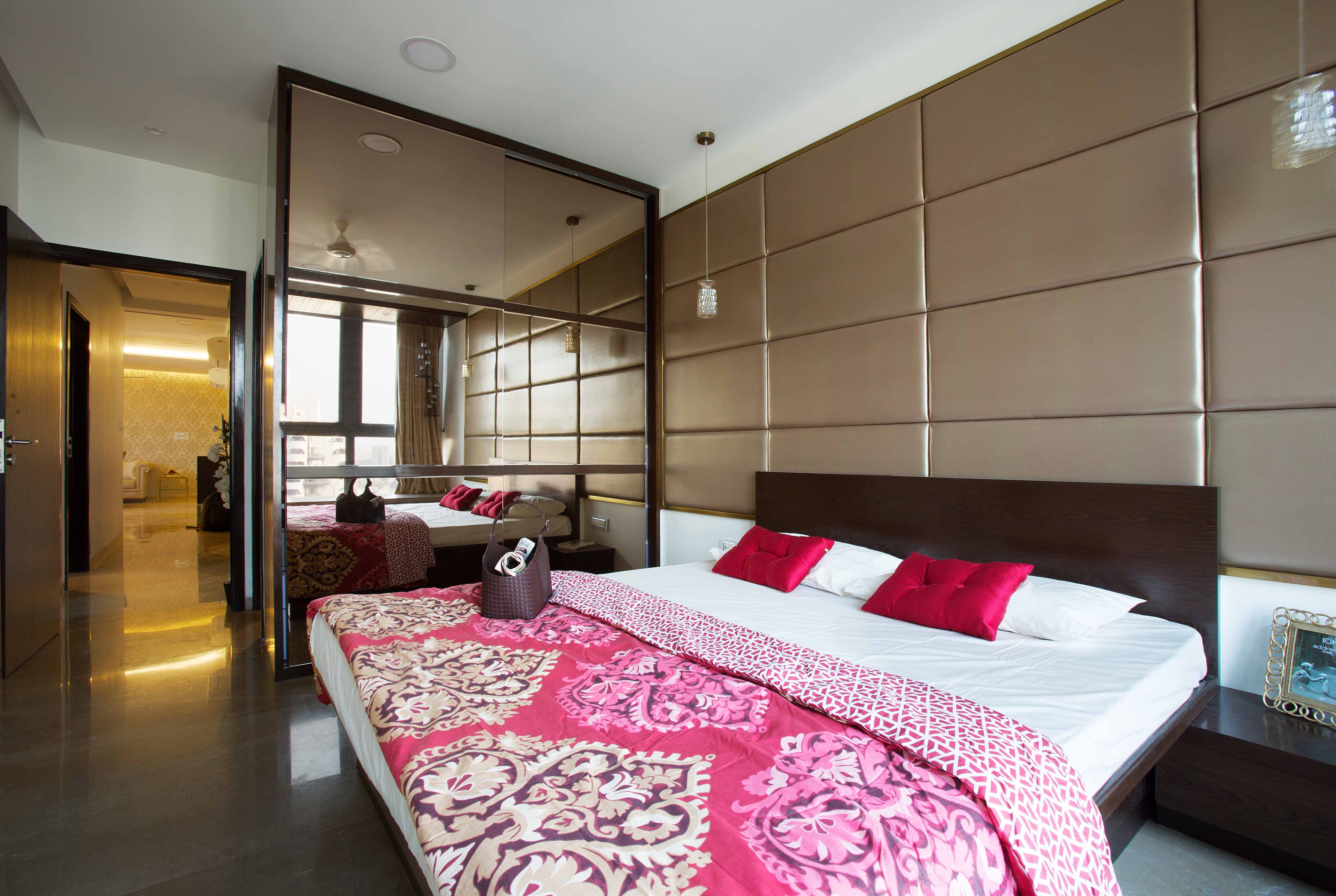 Beige Master Bedroom Design With 2-Door Bronze-Tinted Sliding Wardrobe - Livspace