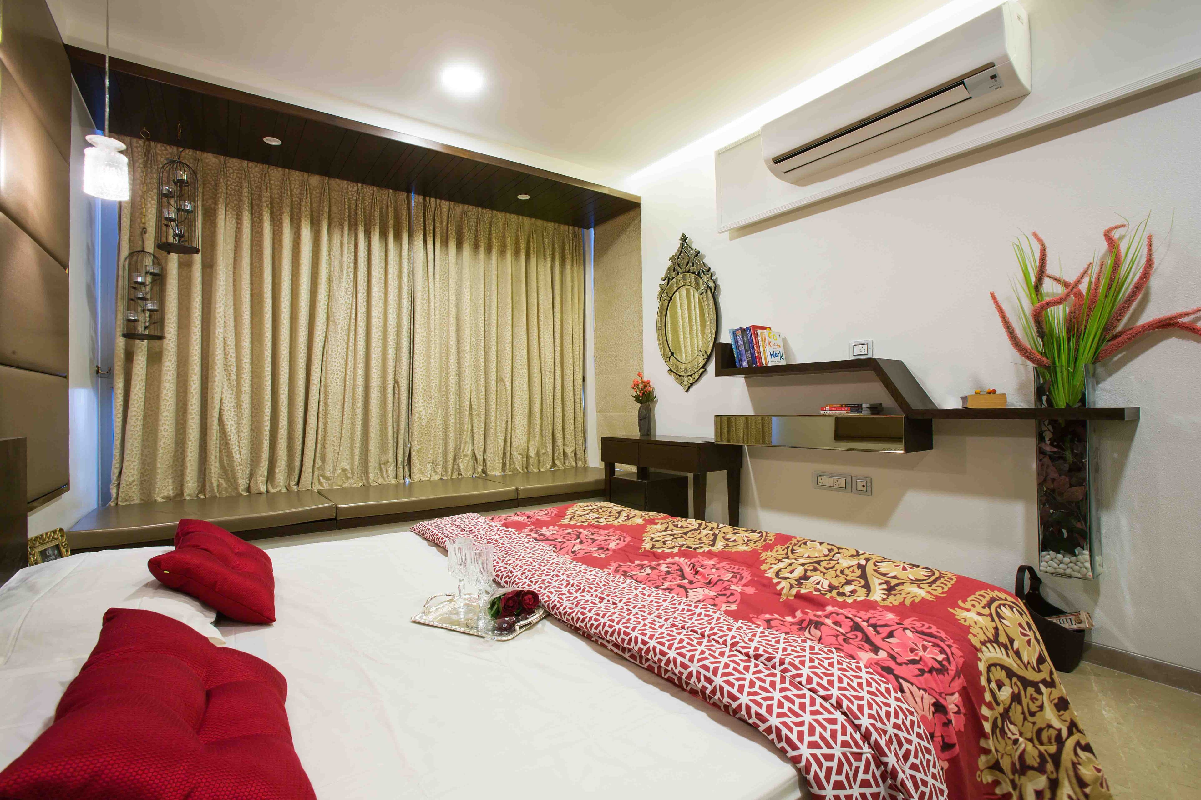 Master Bedroom With Wall-Mounted Wooden Storage And Bay Seater - Livspace