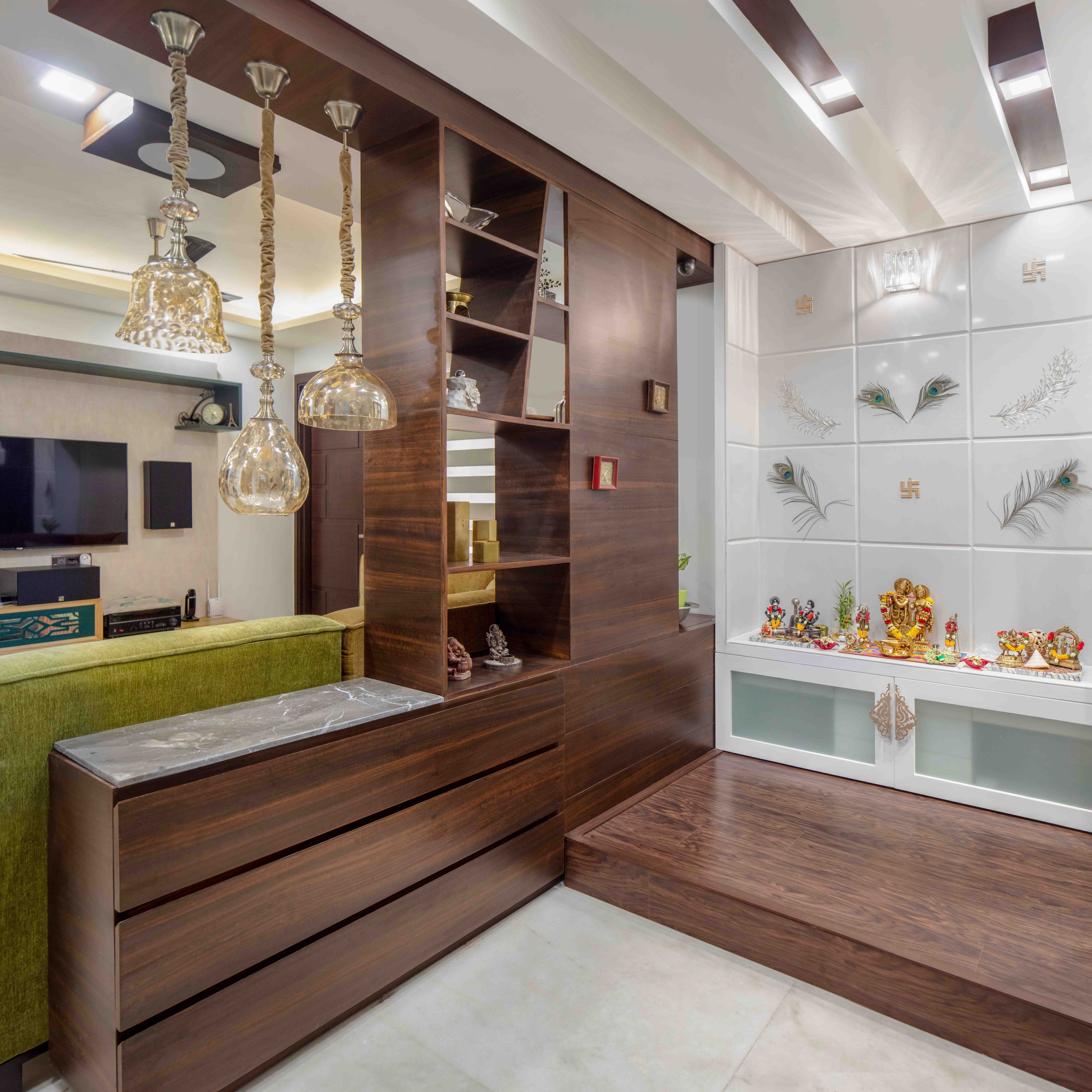 Wood and white mandir unit with large storage unit - Livspace