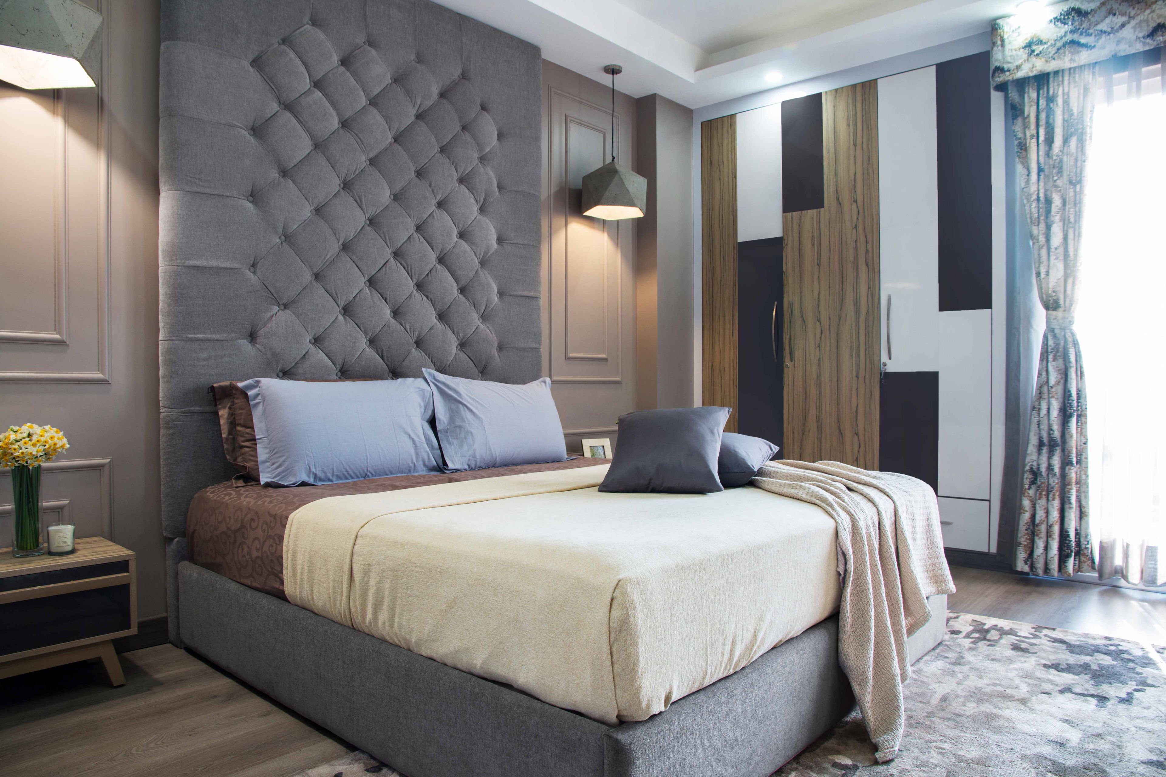 Contemporary 3-BHK Interior Design In Delhi With Spacious Grey Master Bedroom