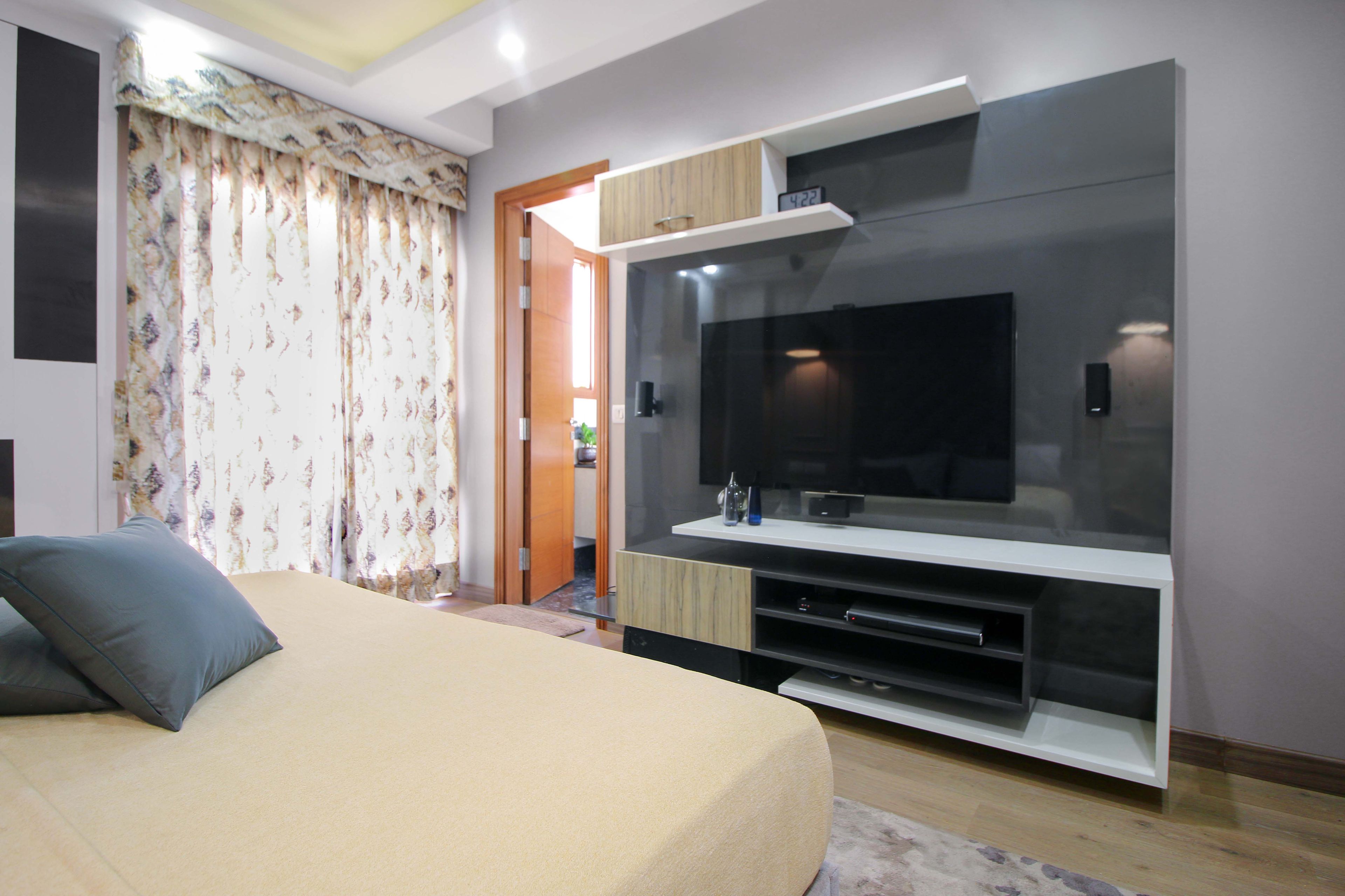 Glossy Grey And Wood TV Unit Design - Livspace