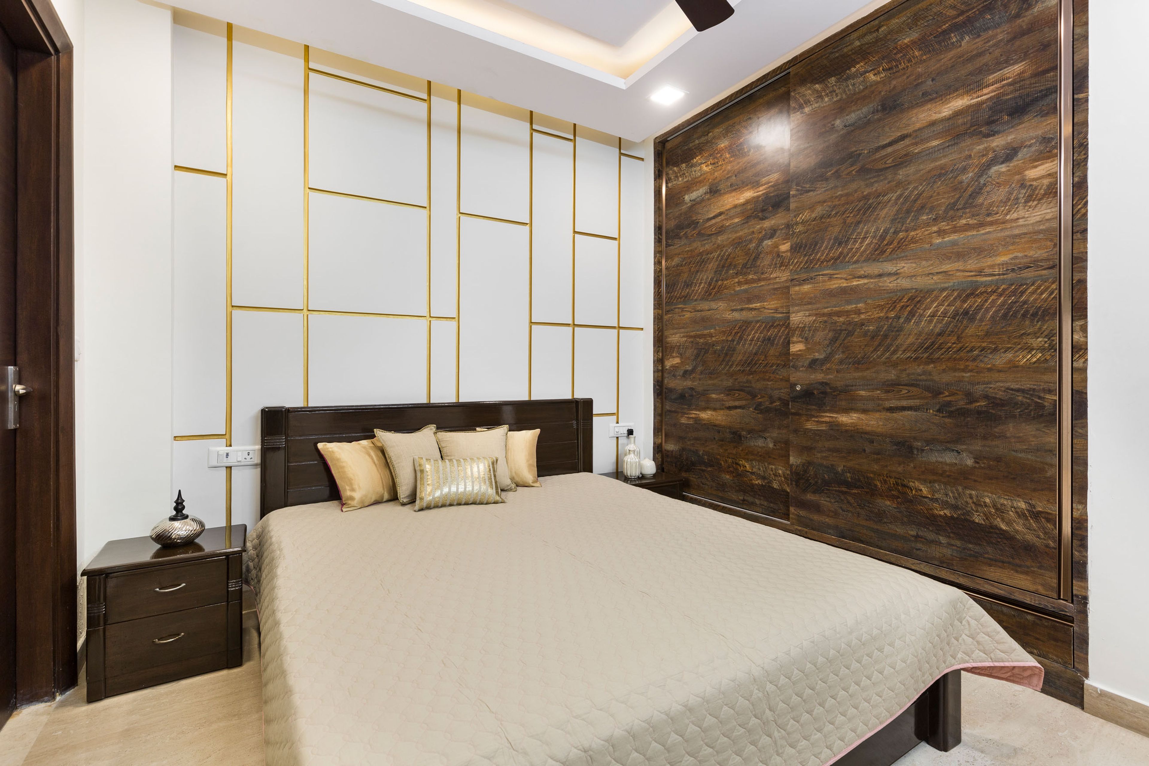 Wood And White Kids Room Design WIth Gold Geometric Wall Strips - Livspace