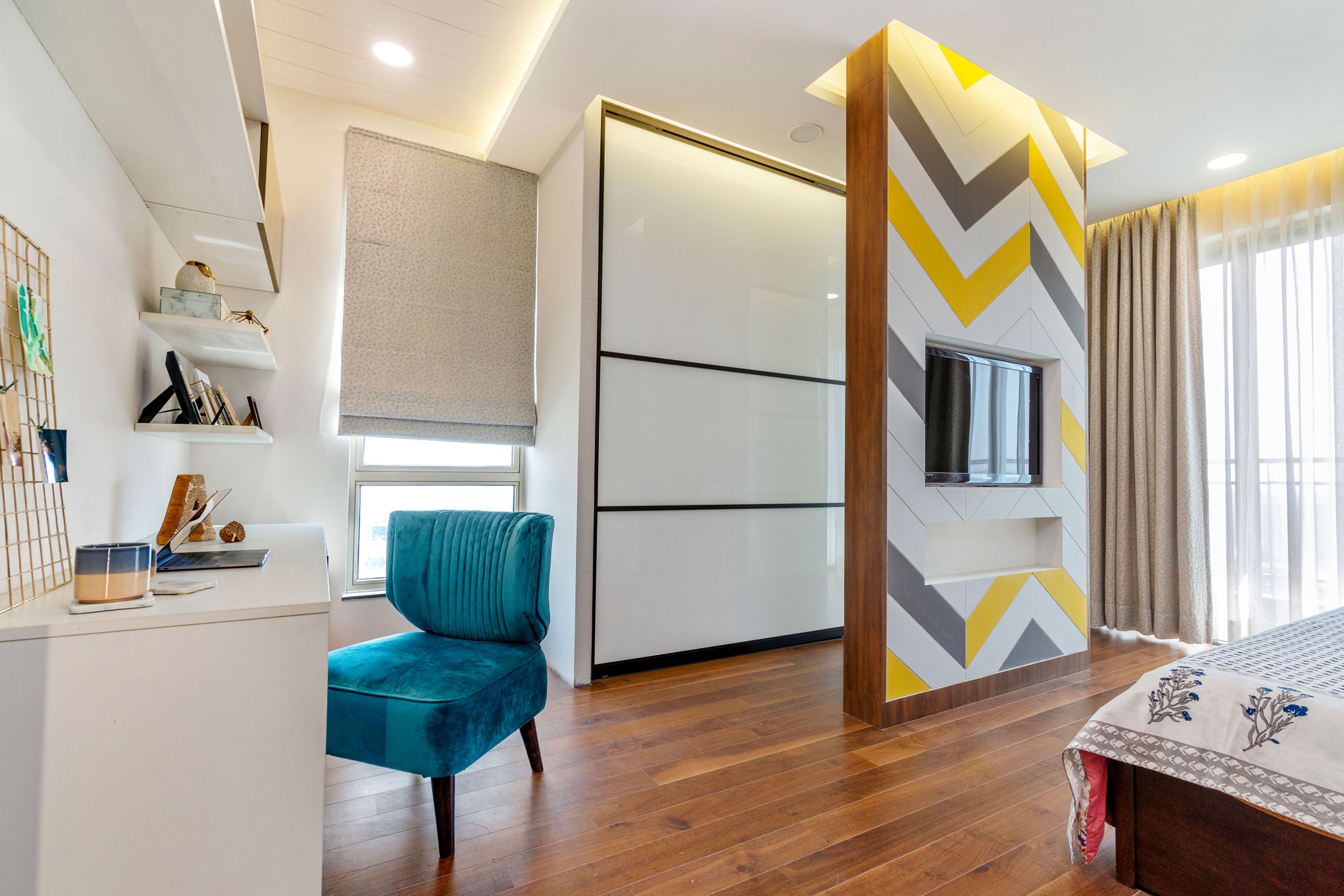 Wall Partition Herringbone Patterned TV Wall, White Study Unit And 2-Door White Sliding Wardrobe - Livspace