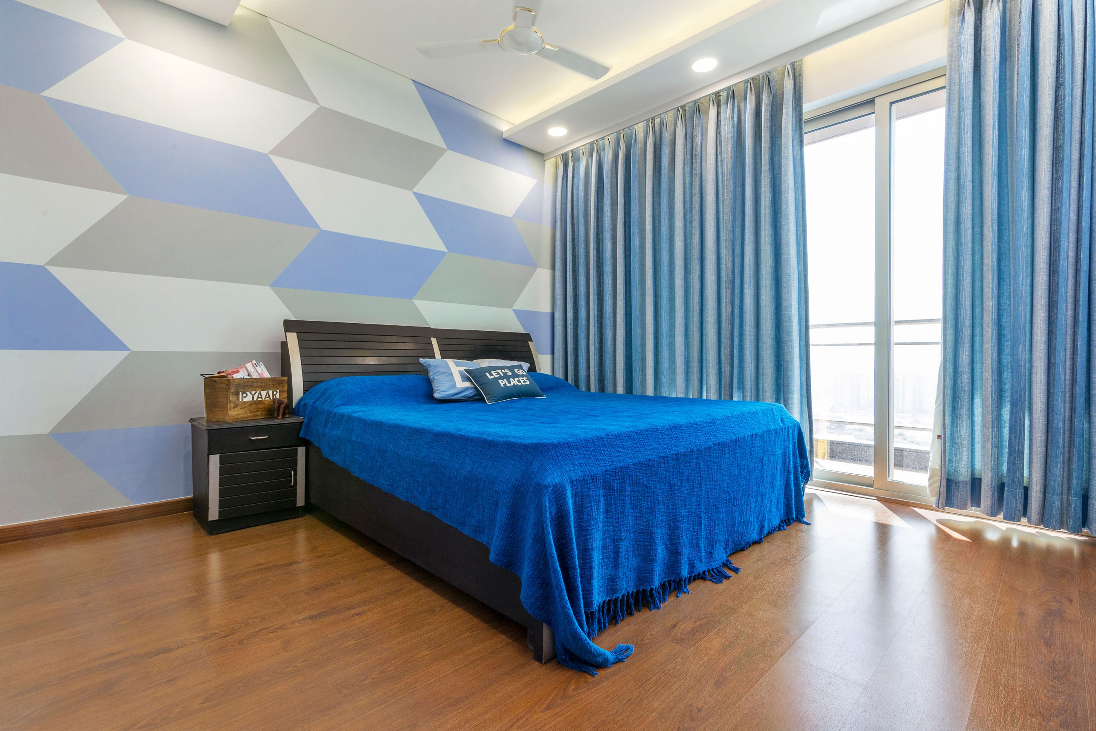 Blue And Grey Kids Room Design With Patterned Wallpaper - Livspace