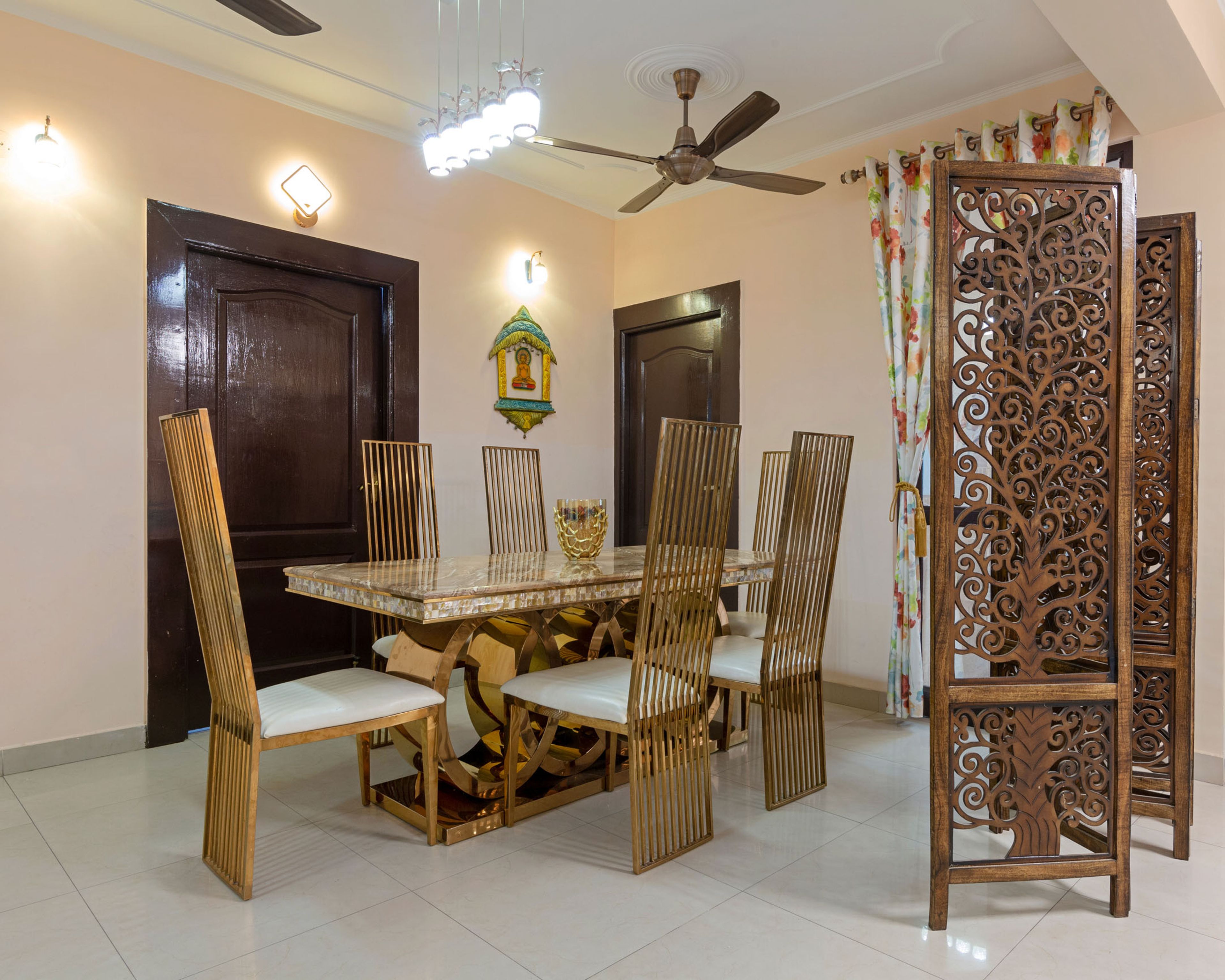 6-Seater Dining Table With Tall Rattan Chairs And Wooden Partition - Livspace