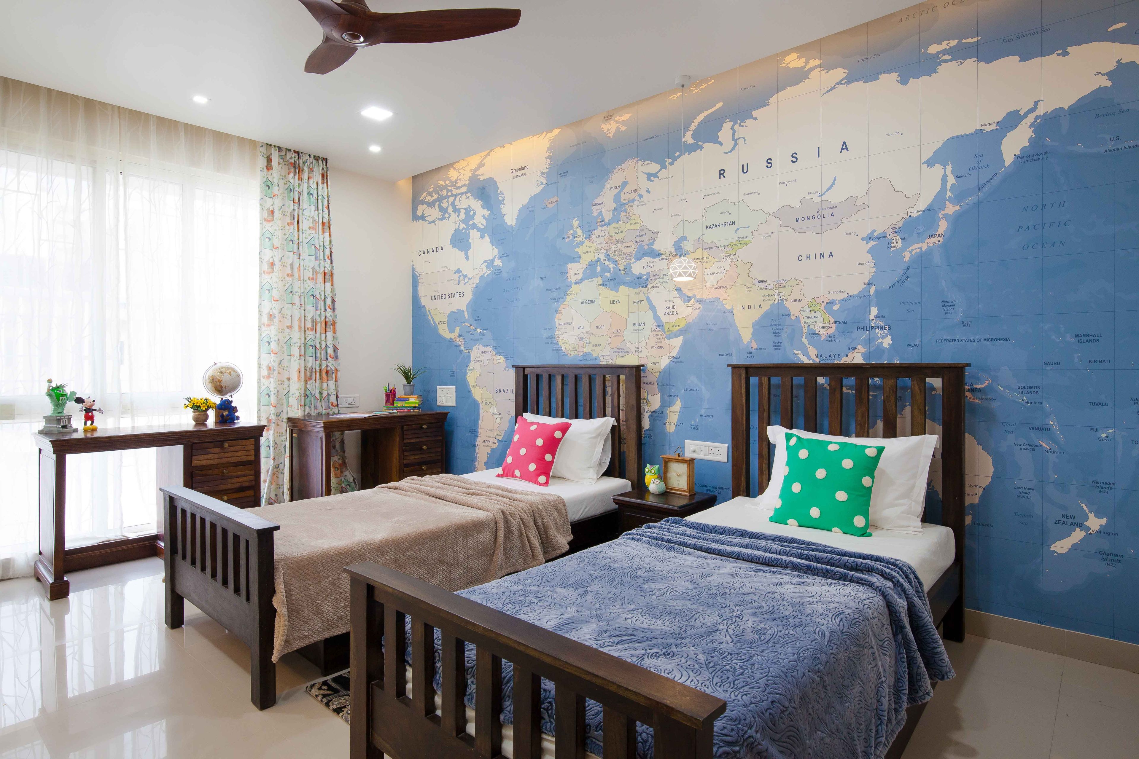 Contemporary Pune 3-BHK Interior Design With World Map Accent Wall For Kids Bedroom