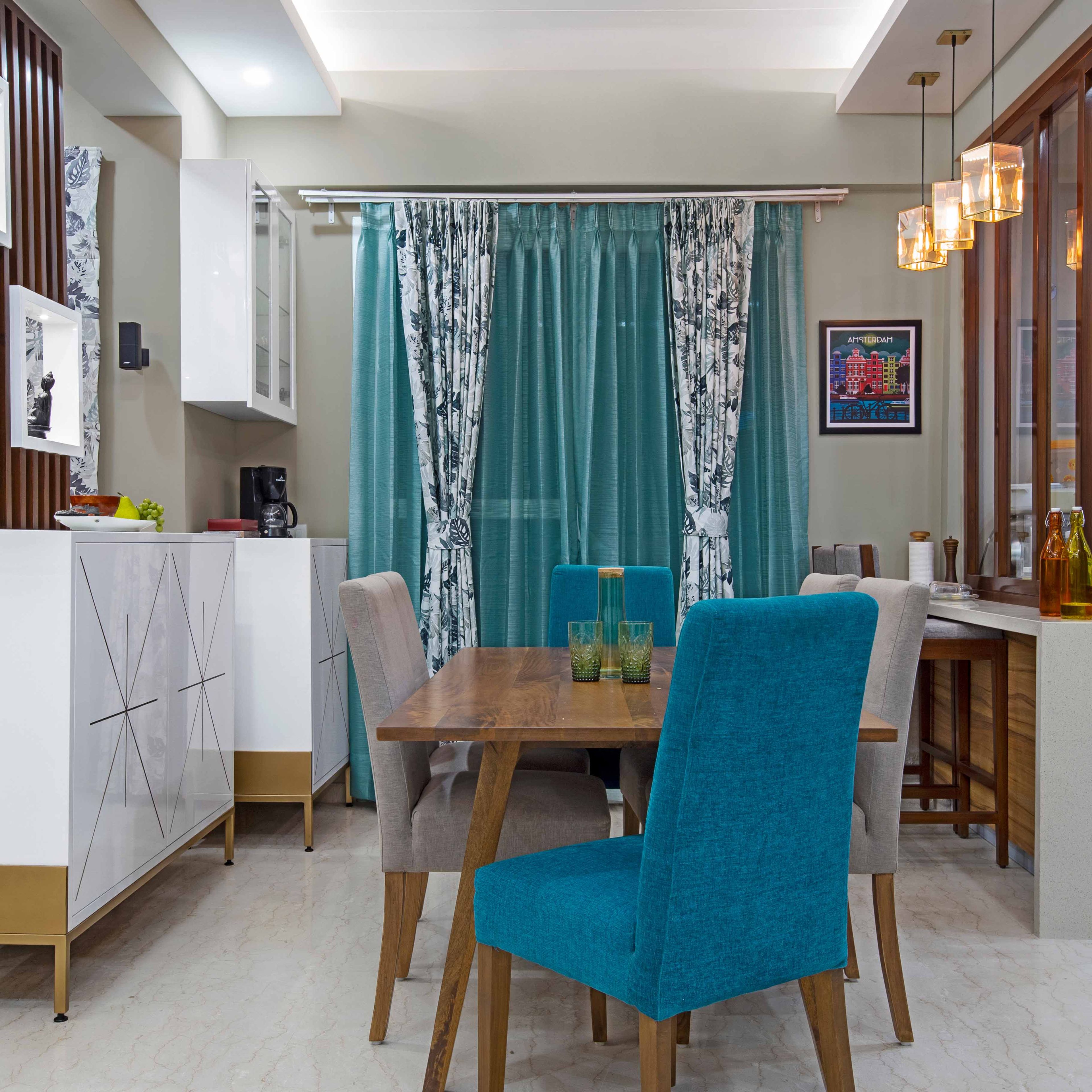 Contemporary 3-BHK Interior Decoration For Noida Flat With Blue And Grey Parallel Living Room