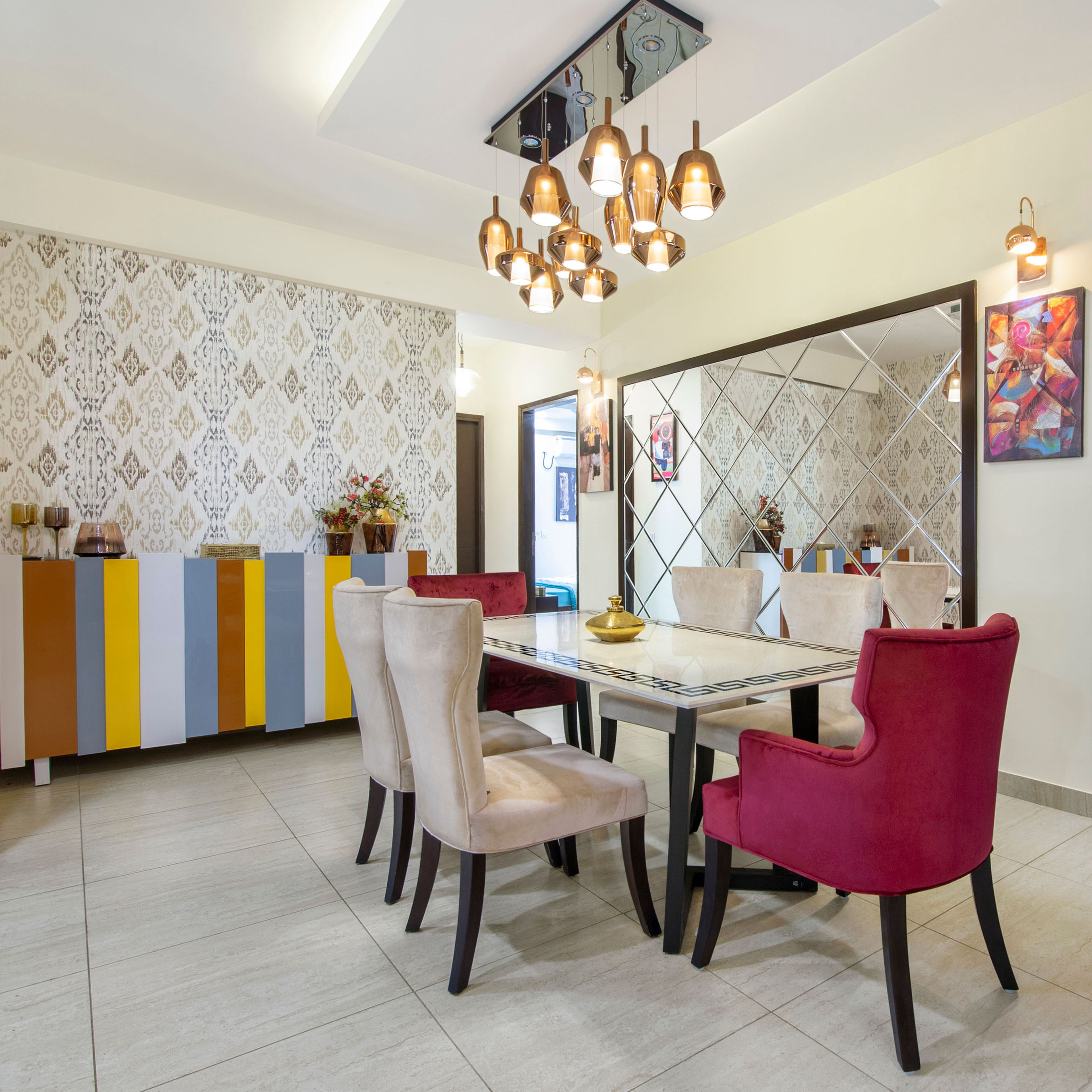 Contemporary 3-BHK Interior Design For Noida Flat With 6-Seater Magenta And Beige Dining Room Design
